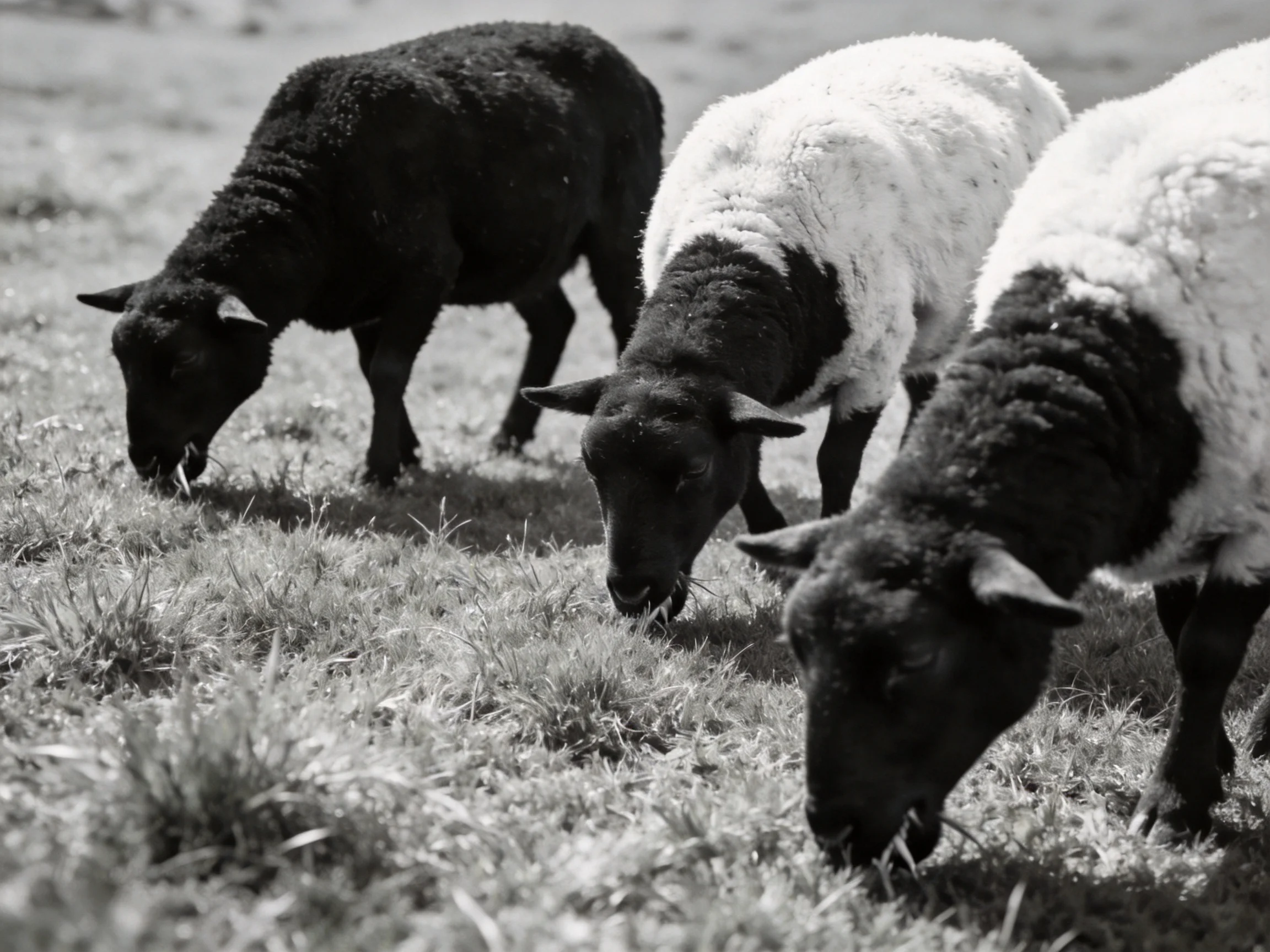 Three sheep graze in a field with black and white coats