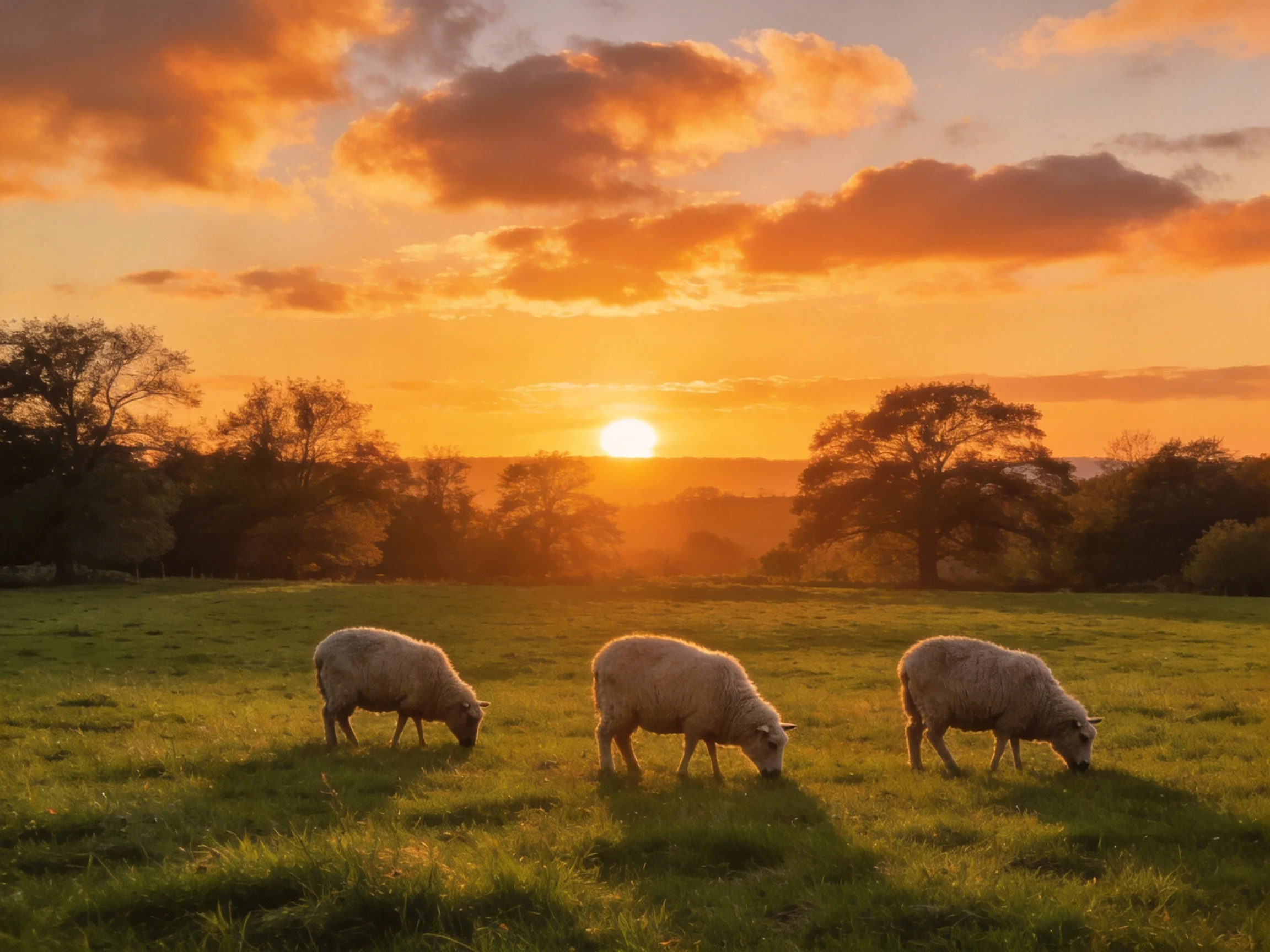 Three sheep graze in a golden-lit meadow at sunset