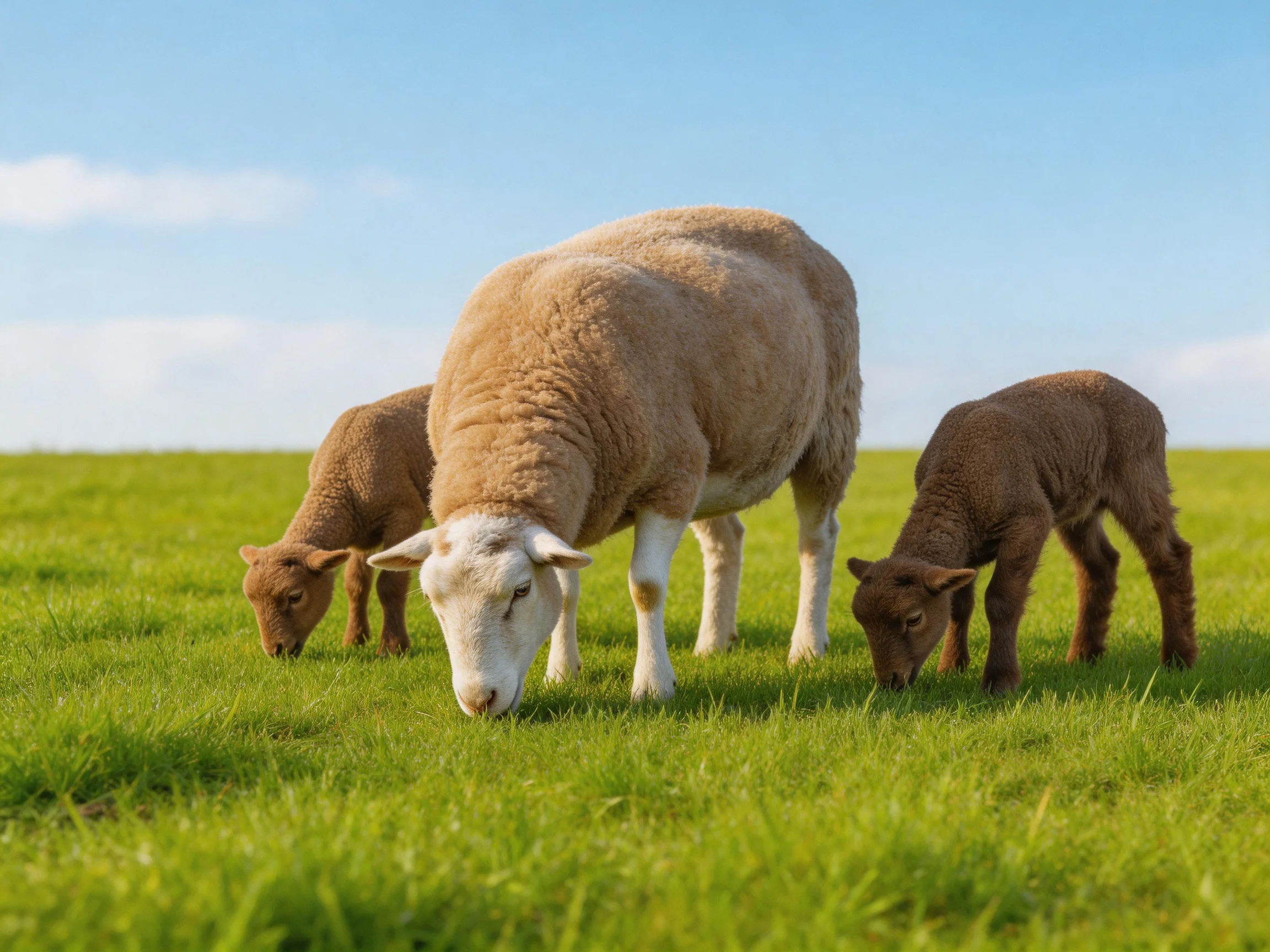 An adult sheep and two lambs graze together in a sunny meadow.