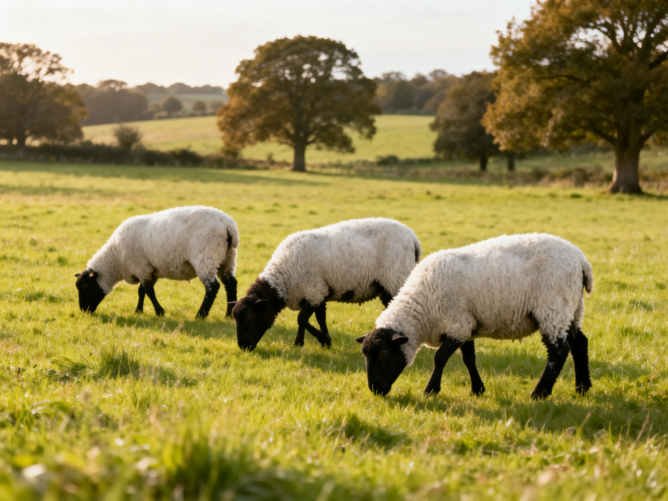 Three sheep graze in a lush green pasture with tall trees