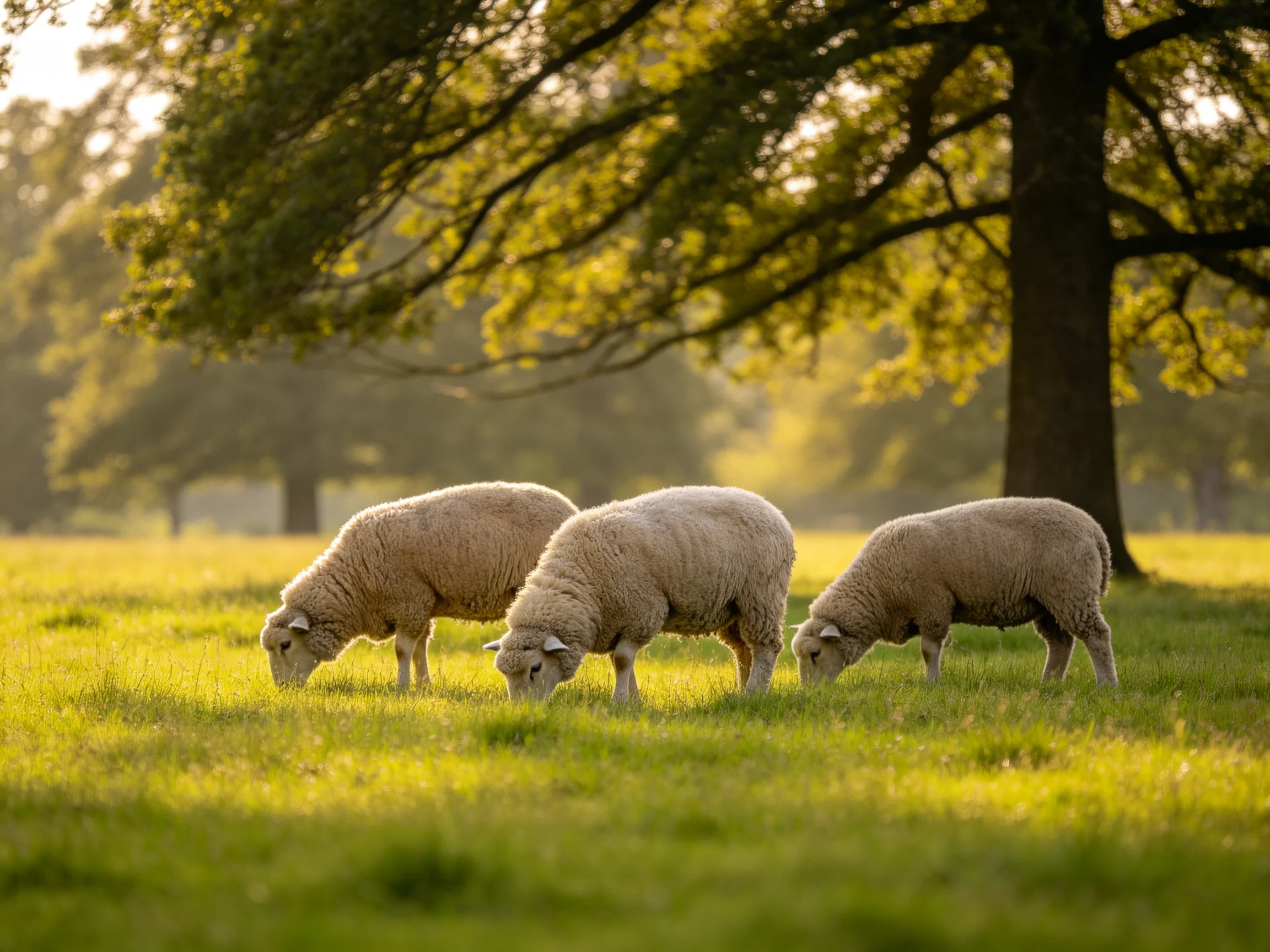 Three sheep graze in a sun-dappled green meadow near a large tree