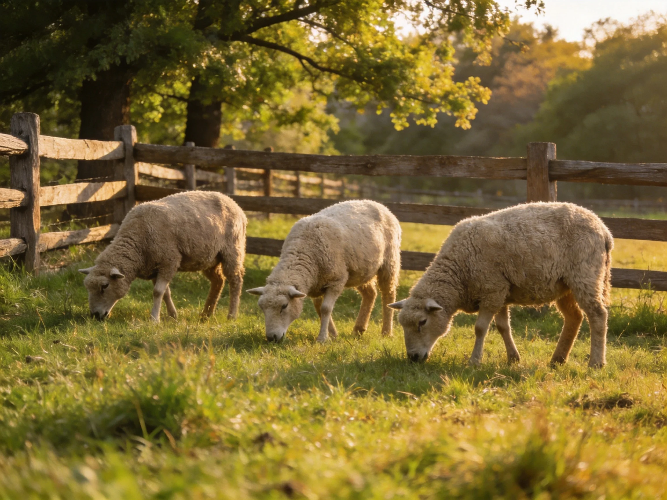 Three sheep graze in a sunlit fenced pasture with lush greenery