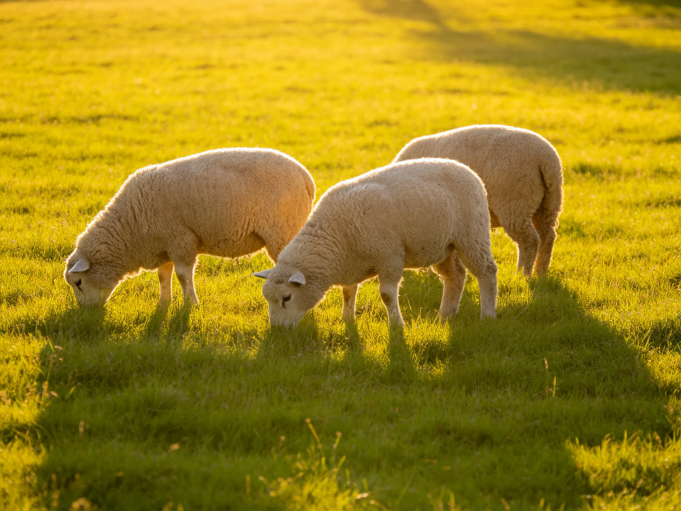 Three sheep graze in a sunlit green pasture.