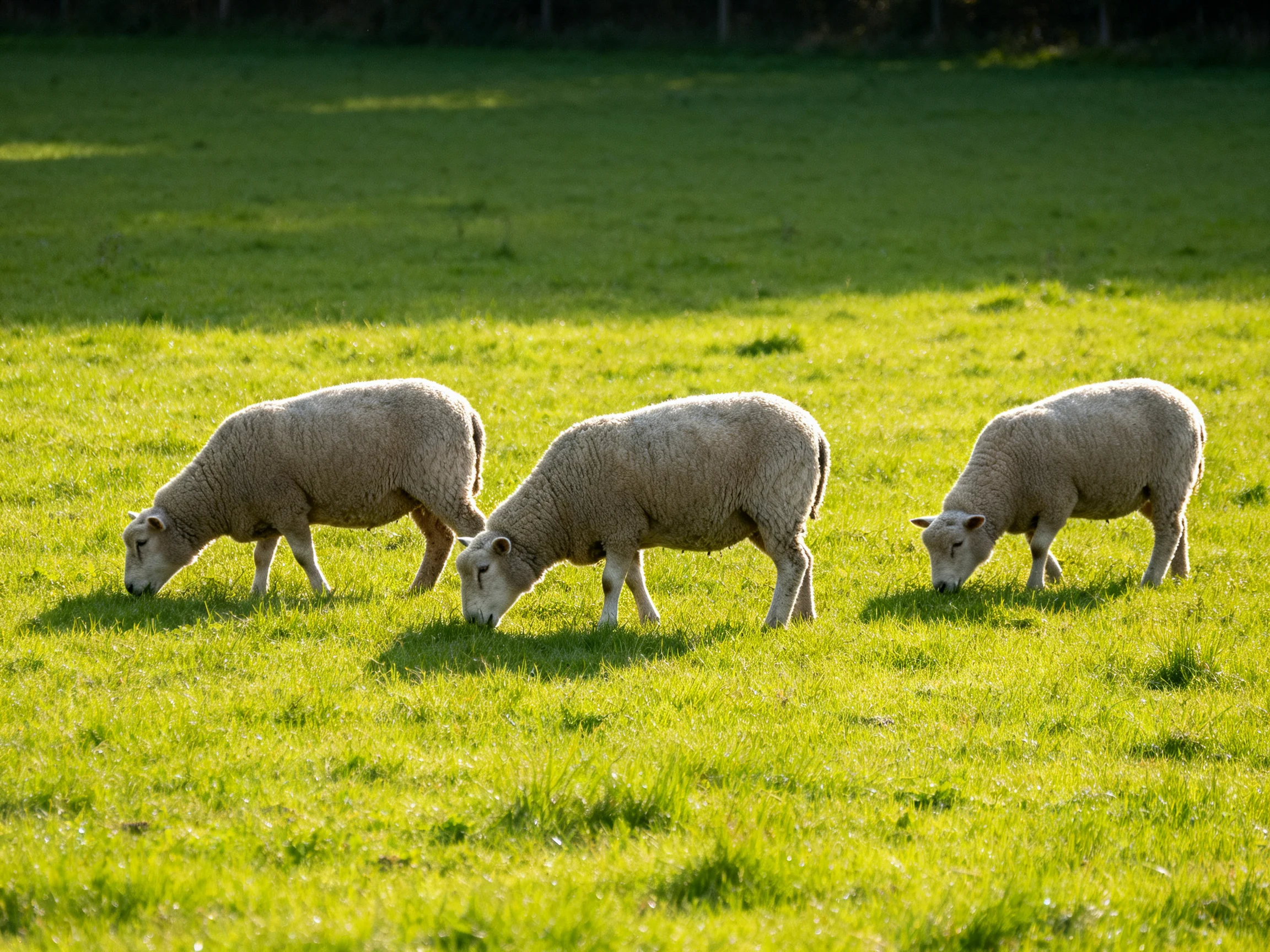 Three sheep graze in a sunlit green pasture