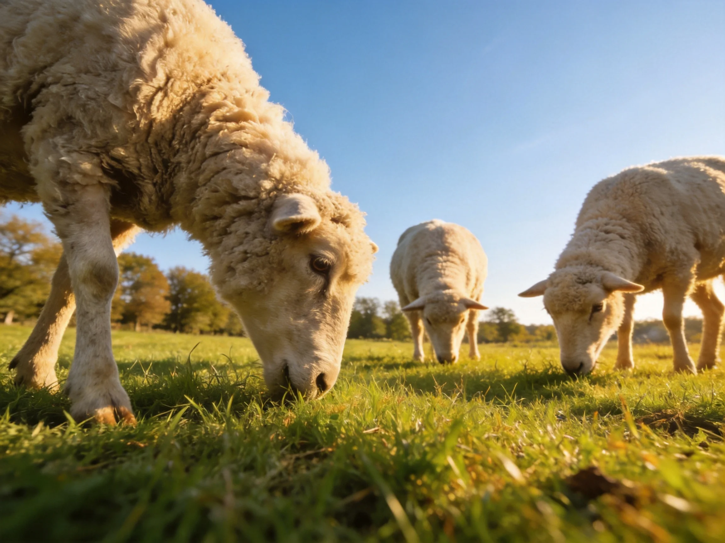 Three sheep graze in a sunlit green pasture