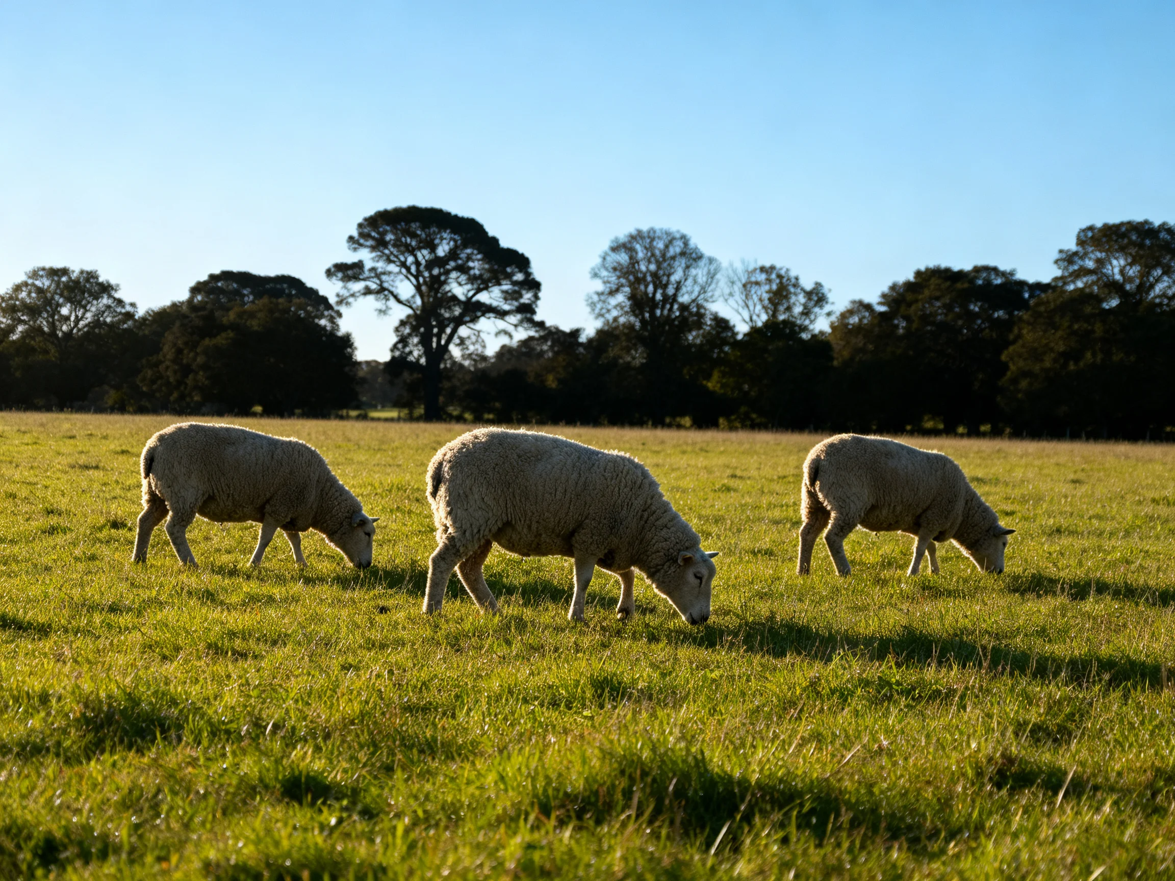 Three sheep graze in a sunlit green pasture near tall trees.