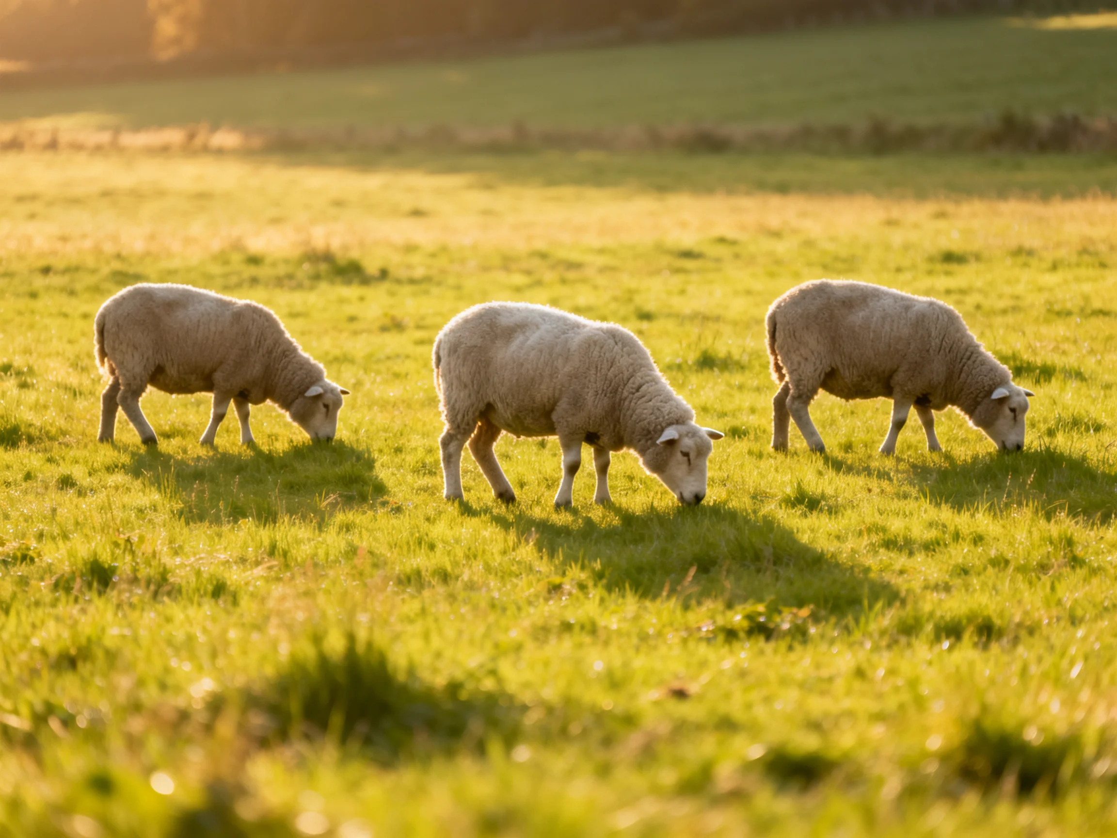 Three sheep graze in a sunlit pasture.