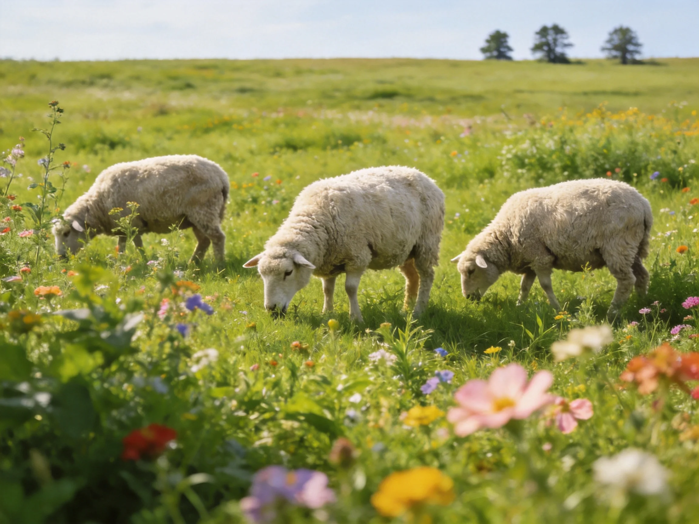 Three sheep graze in a vibrant flower-filled green meadow