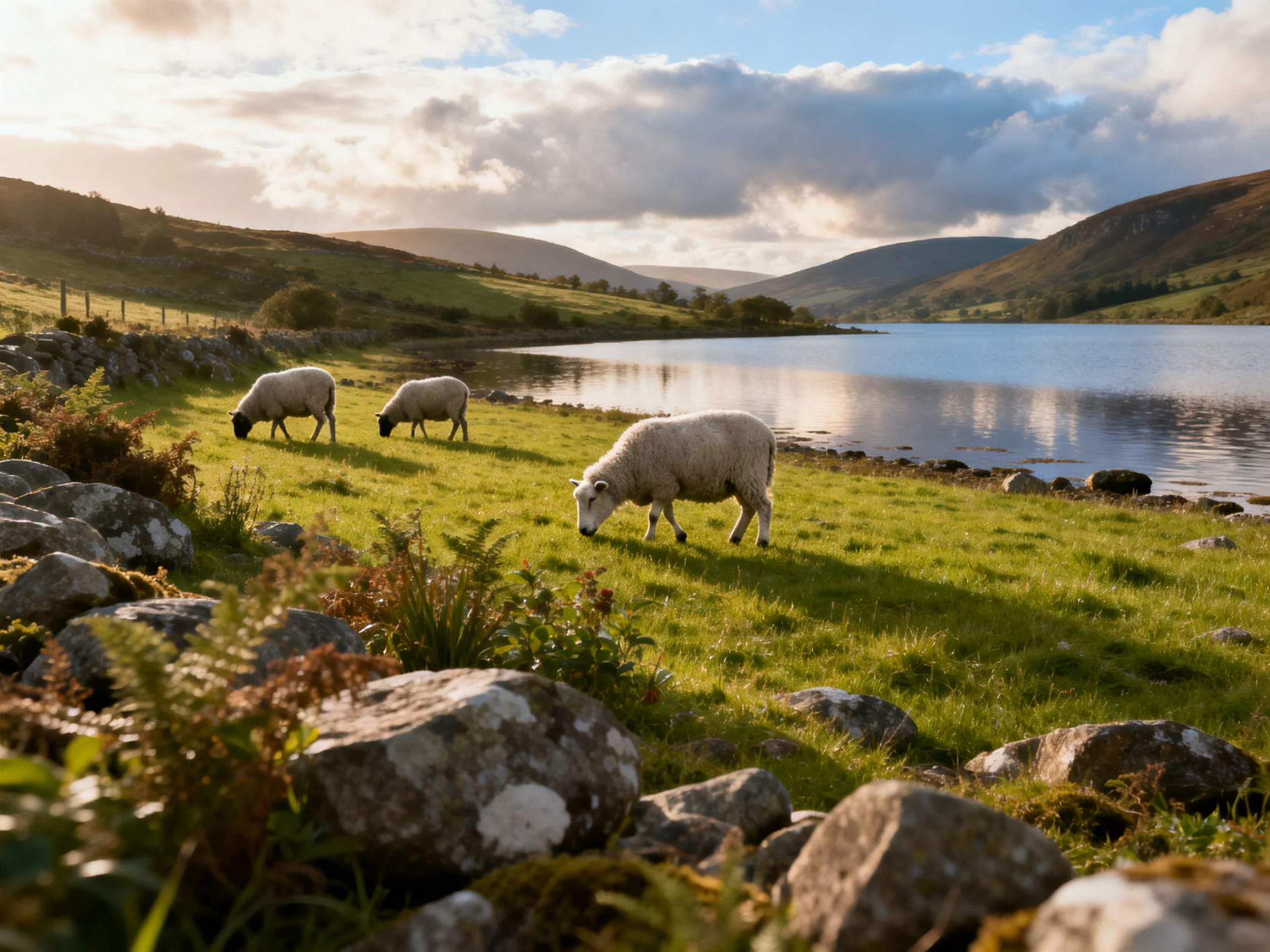 Three sheep graze by a tranquil lakeside with rocky surroundings.