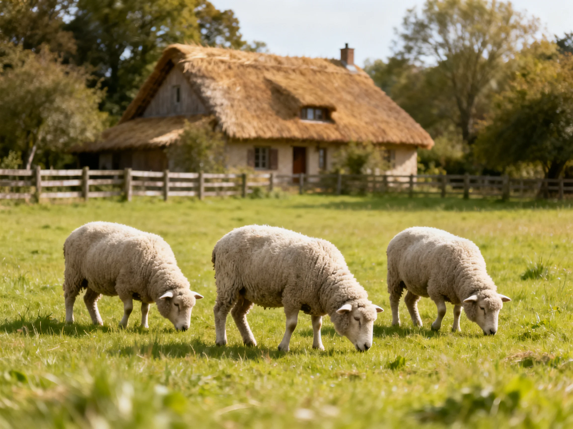 Three sheep graze near a rustic thatched-roof cottage