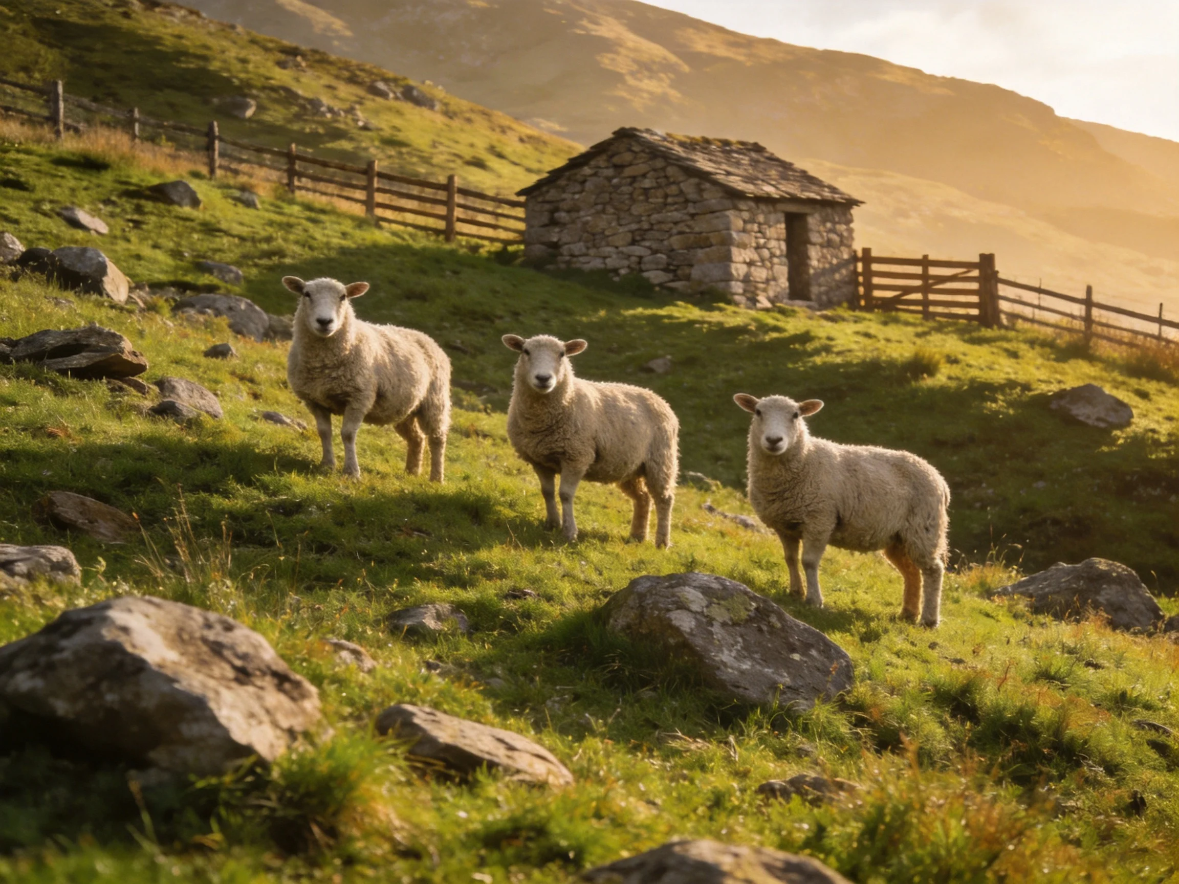 Three sheep graze near a stone cottage on rolling green hills