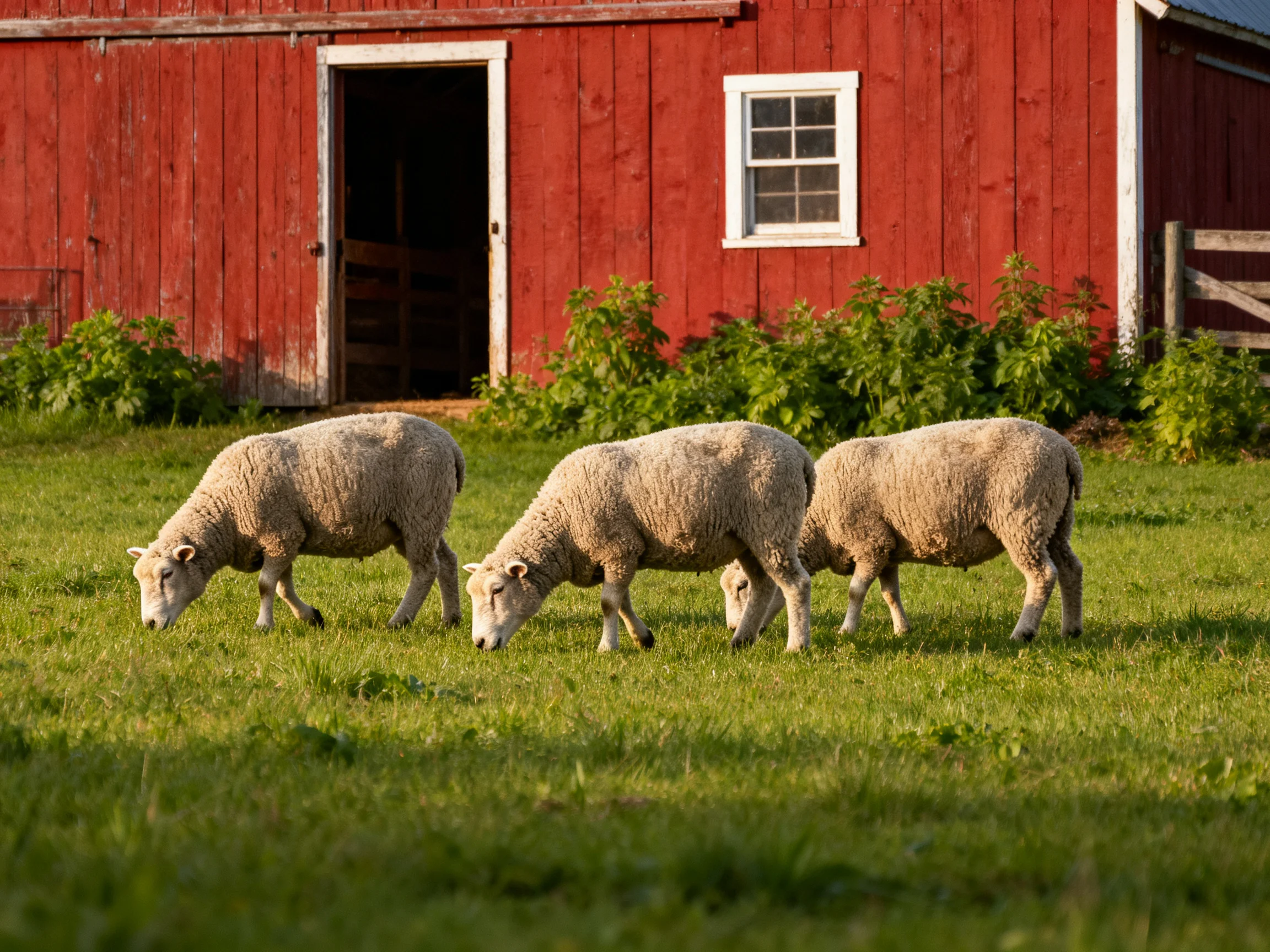 Three sheep graze near an old red wooden barn