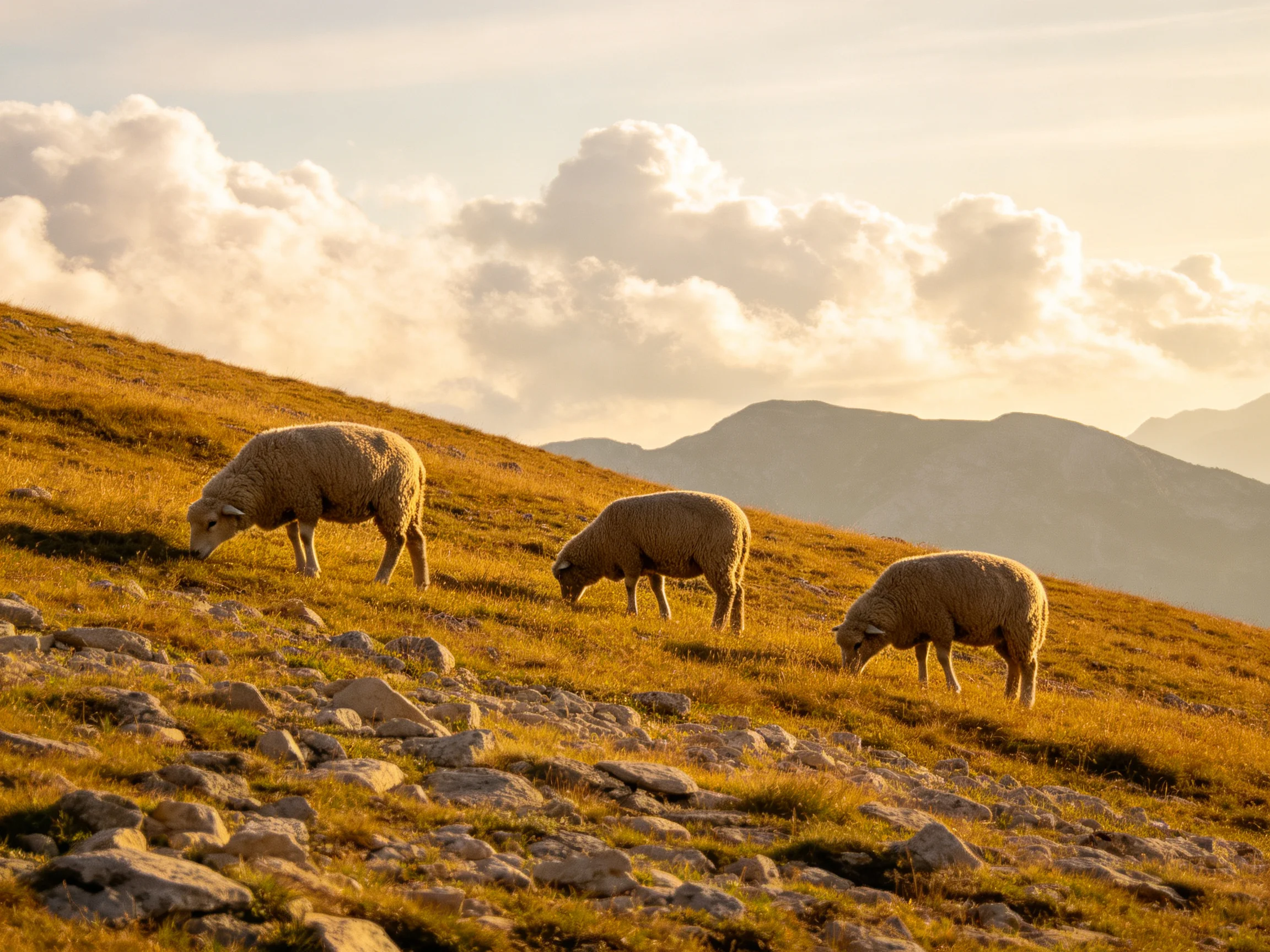Three sheep graze on a golden-hued mountain slope under fluffy clouds