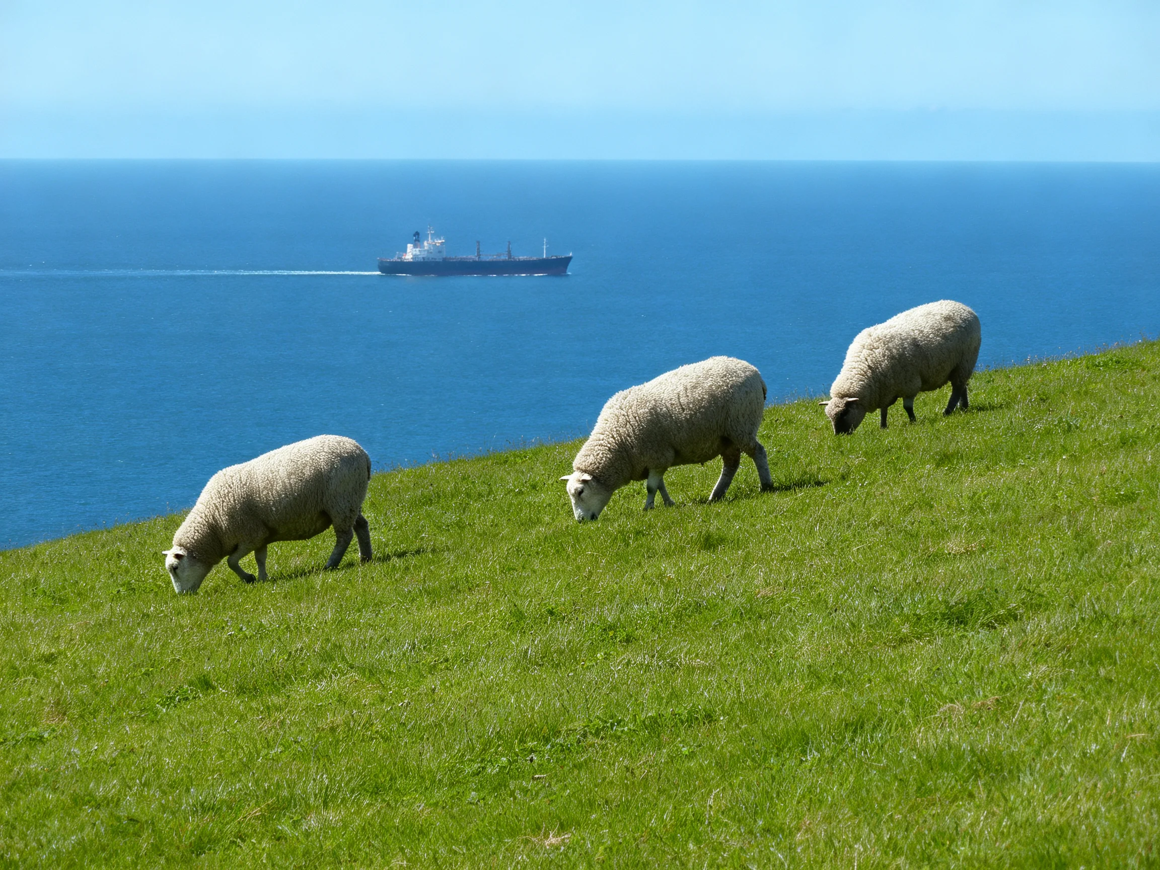 Three sheep graze on a lush green hillside near a calm blue sea with a distant ship