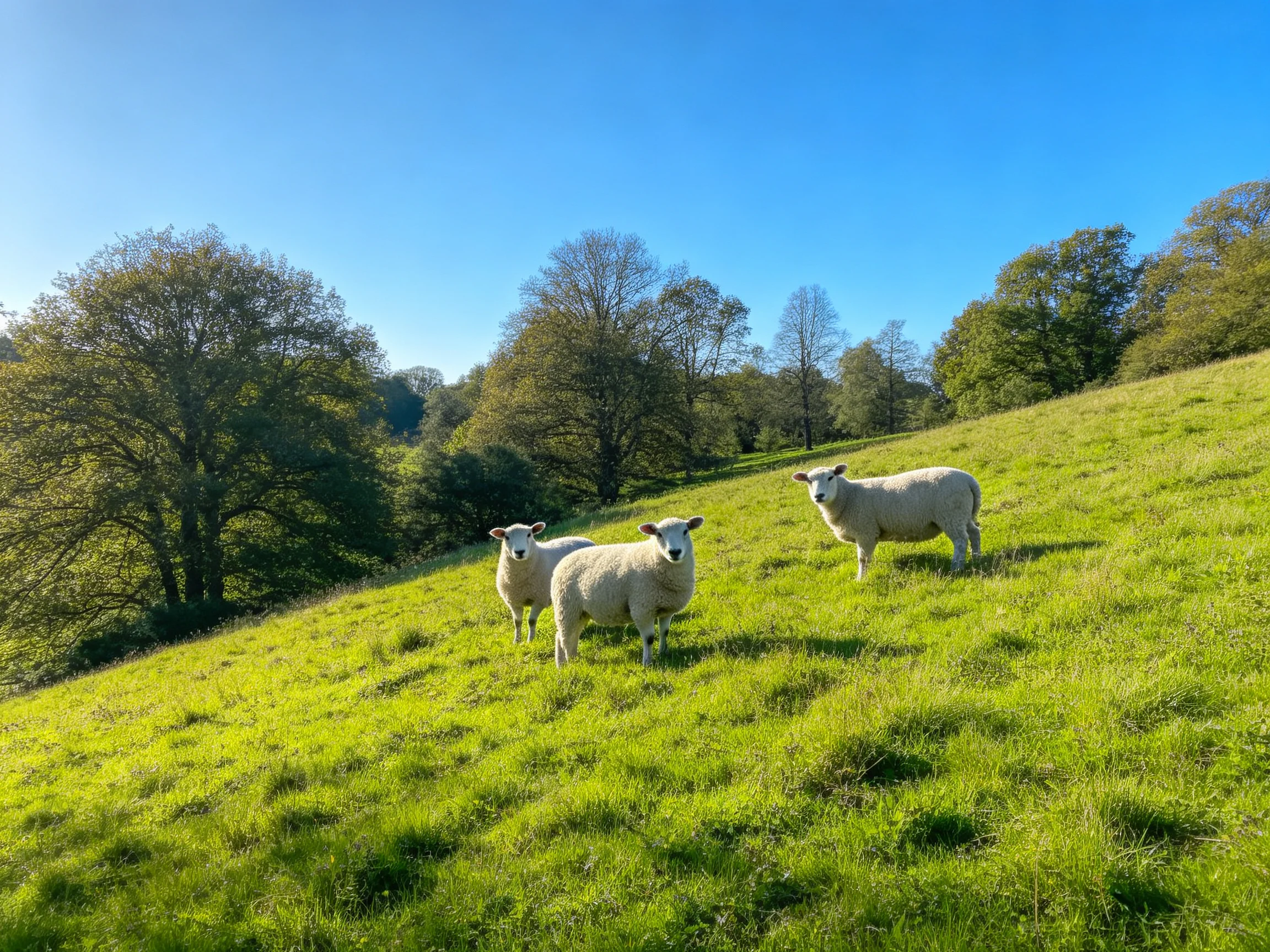Three sheep stand on a sunlit green hillside surrounded by trees.