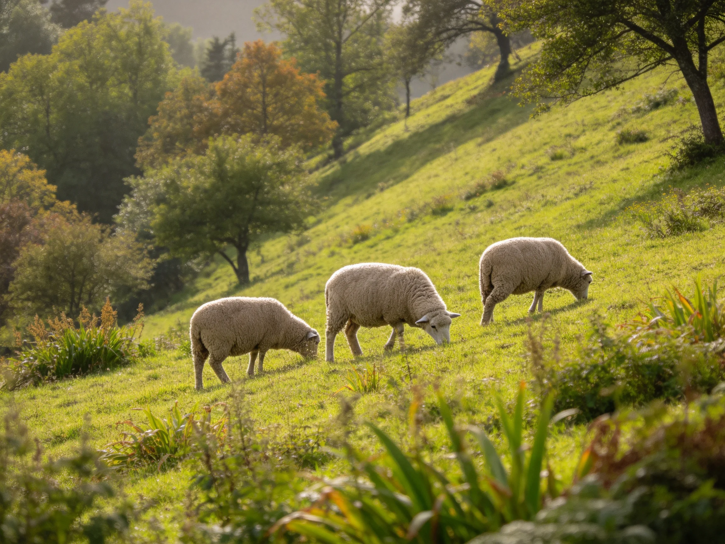 Three sheep graze on a sun-drenched, verdant hillside with scattered trees.