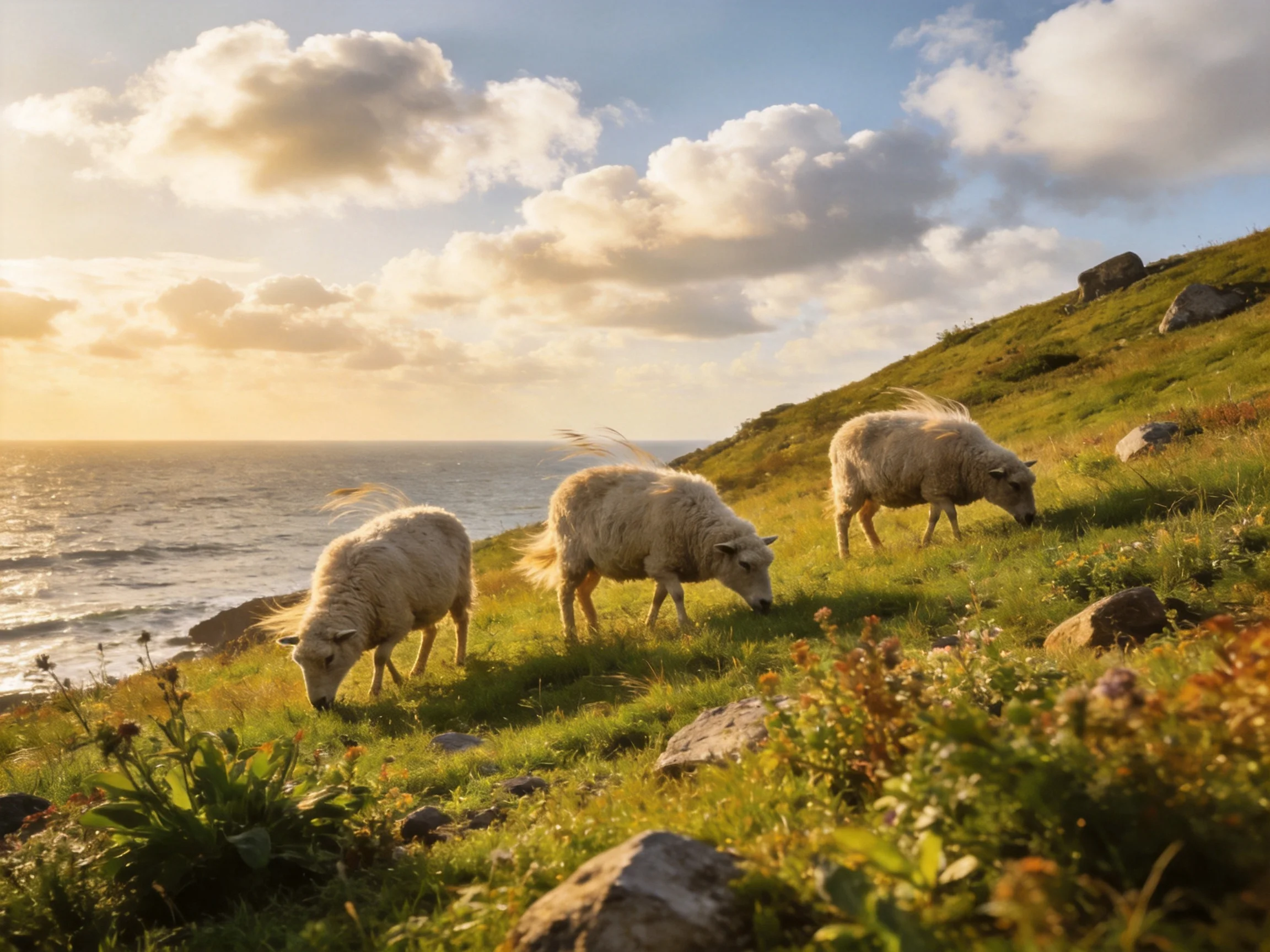 Three sheep graze on a sunlit coastal hillside