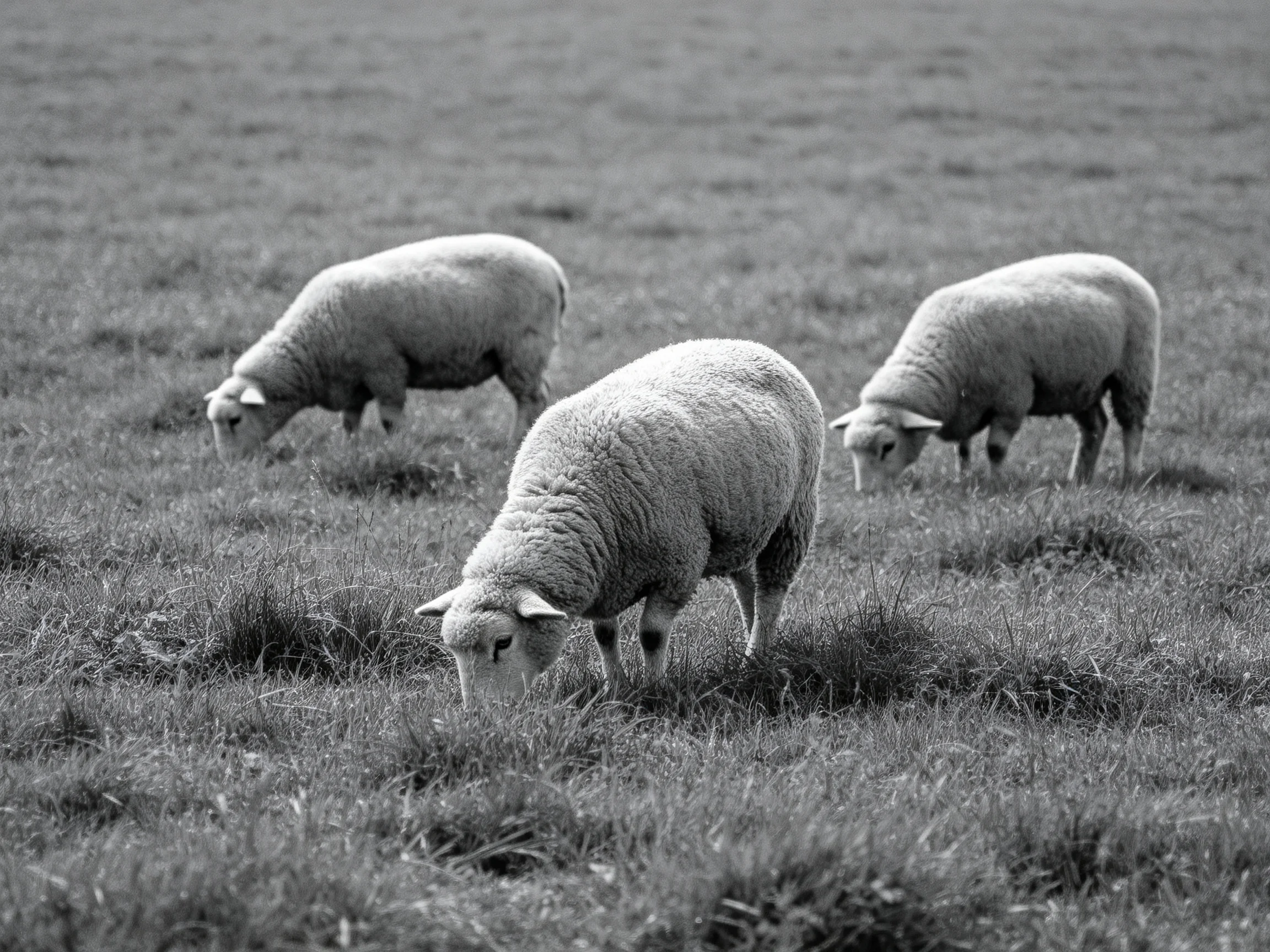 Three sheep graze peacefully in an open field