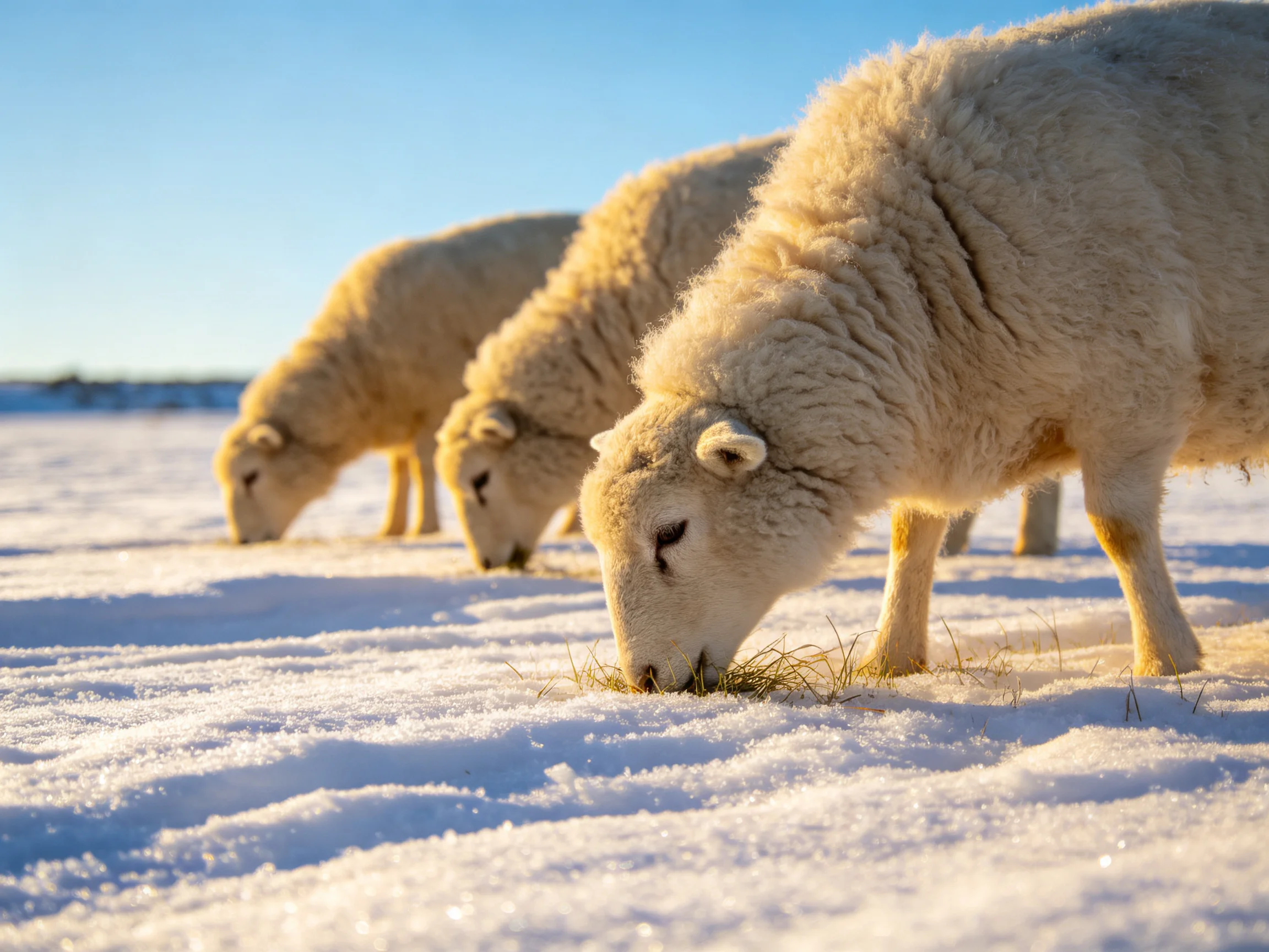 Three sheep graze through snow-covered field under blue sky