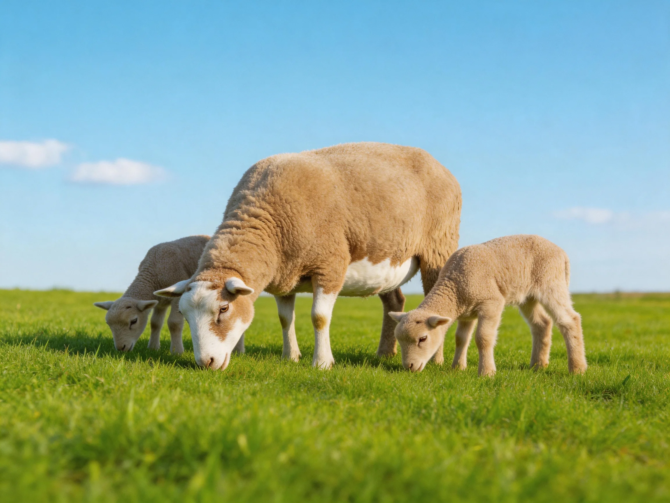 An adult sheep and two lambs graze in a sunlit grassy field.