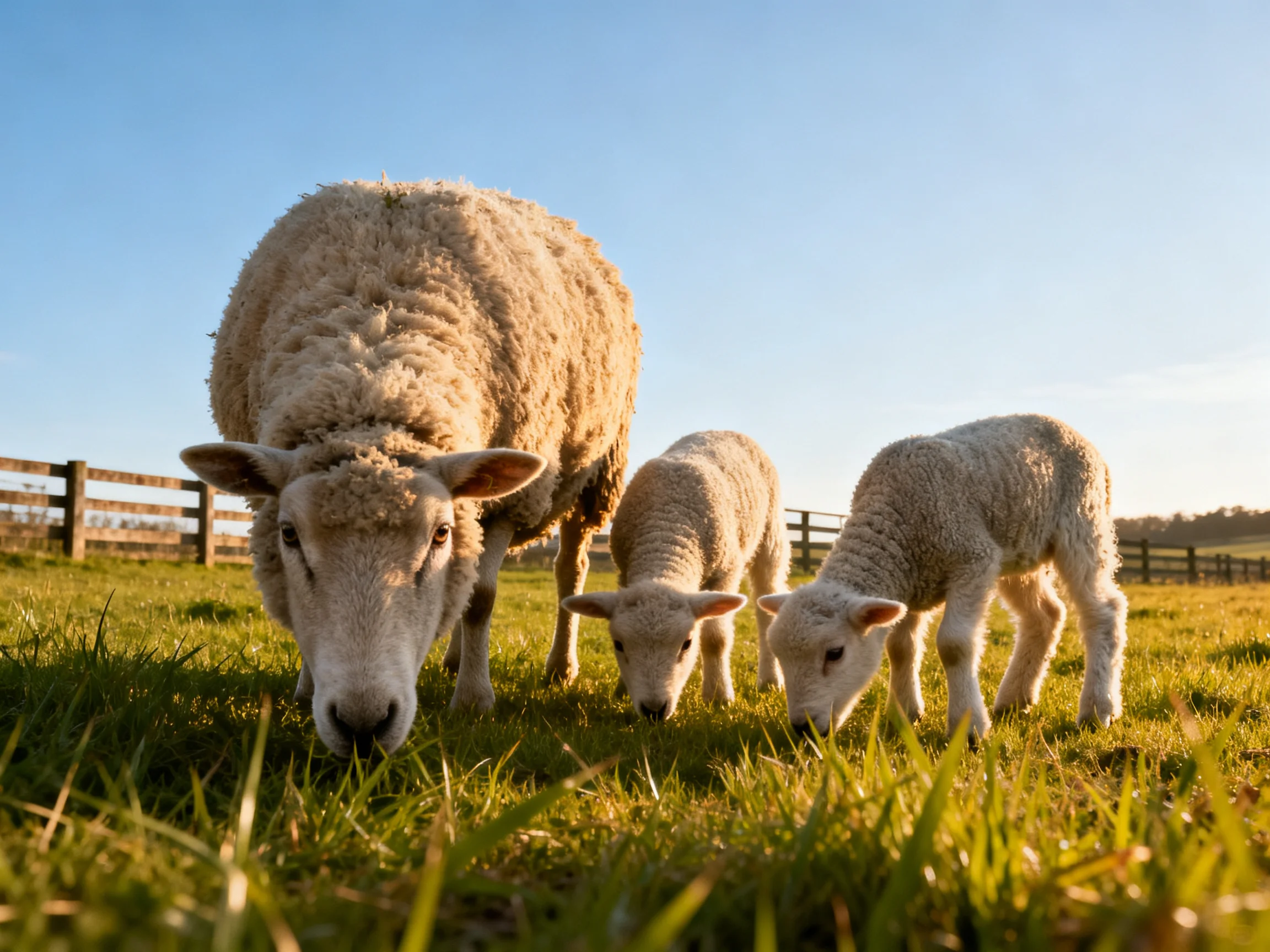A mother sheep and two lambs graze together in a sunlit pasture near a wooden fence.