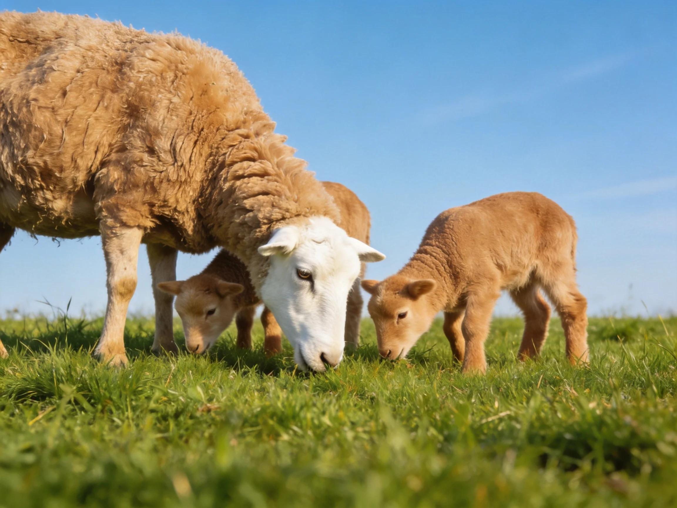 Three sheep grazing on lush green grass under clear blue sky