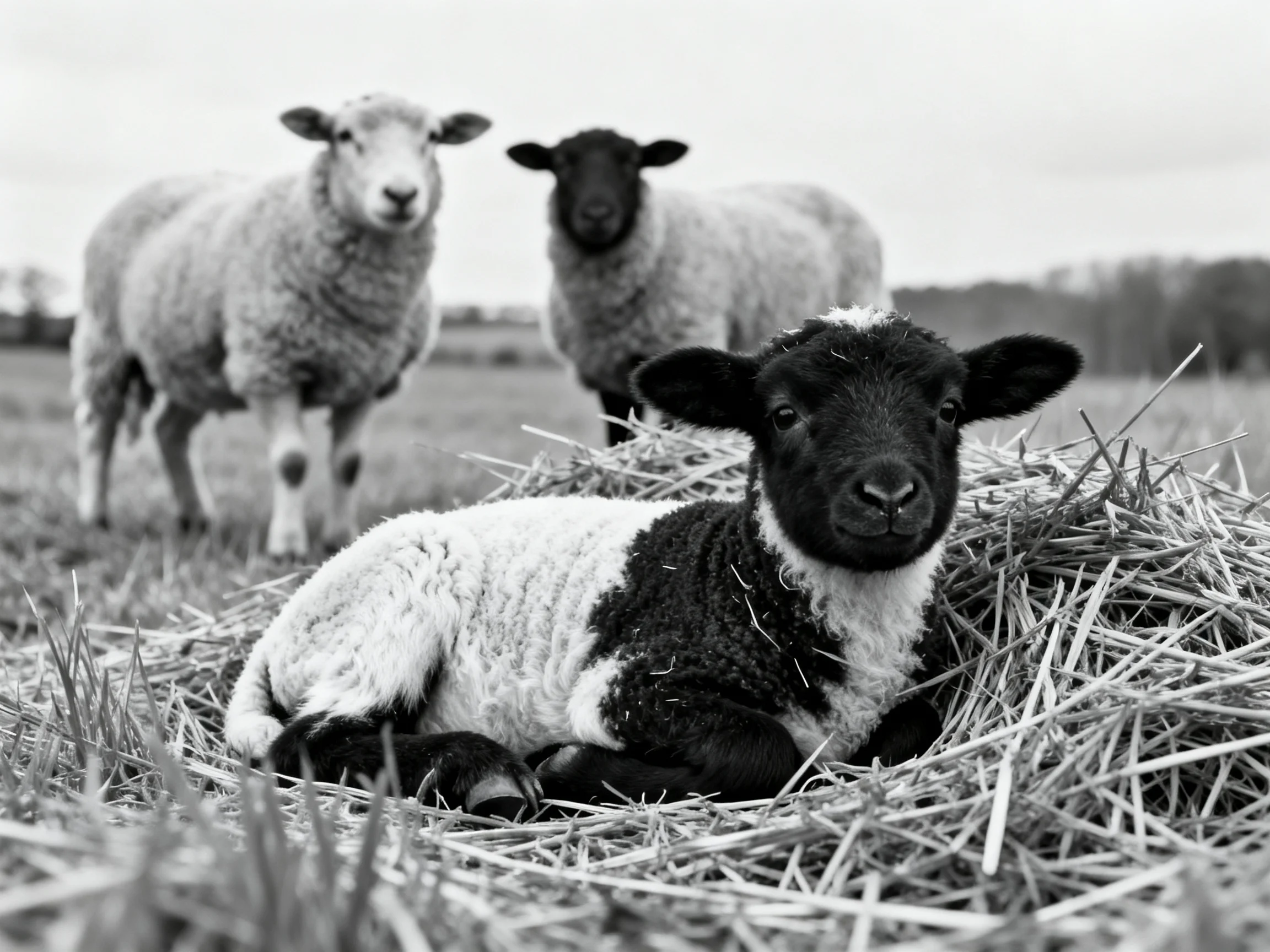 Three sheep in a field with a lamb resting on hay