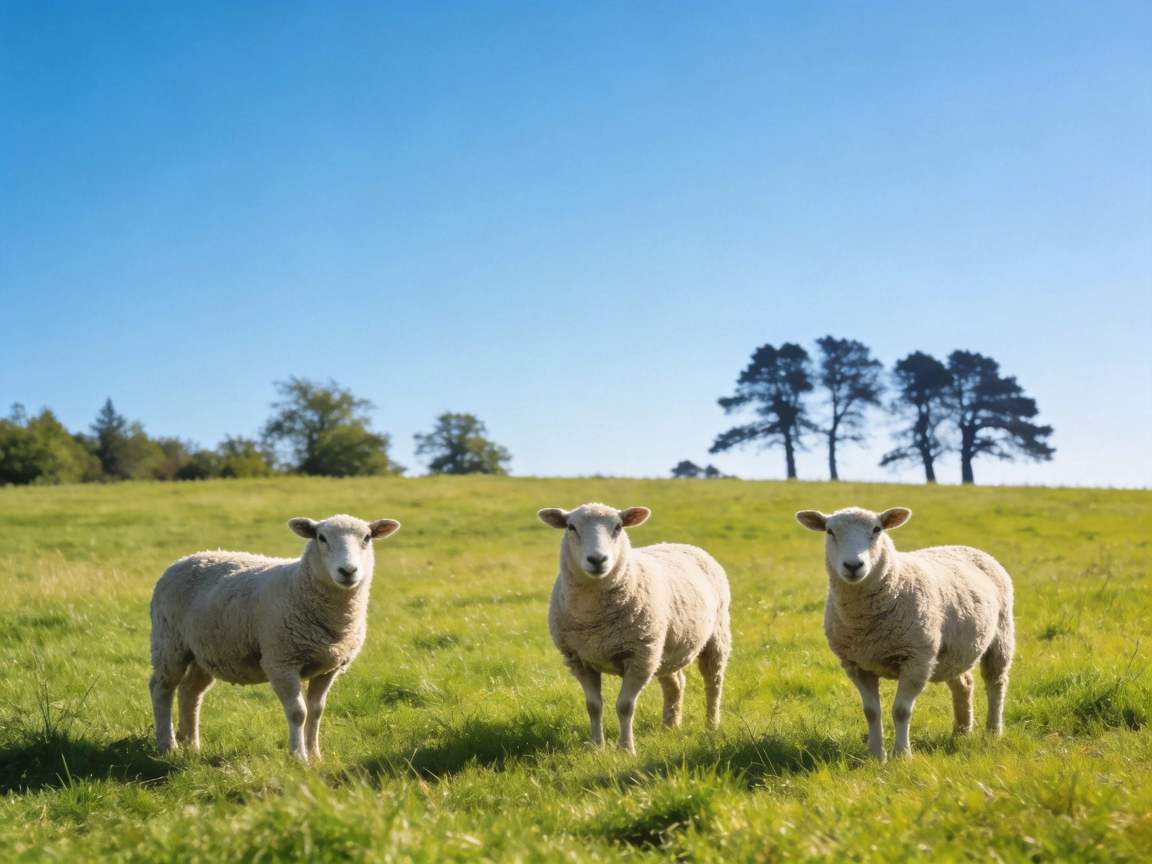 Three sheep in a lush green meadow under clear blue sky