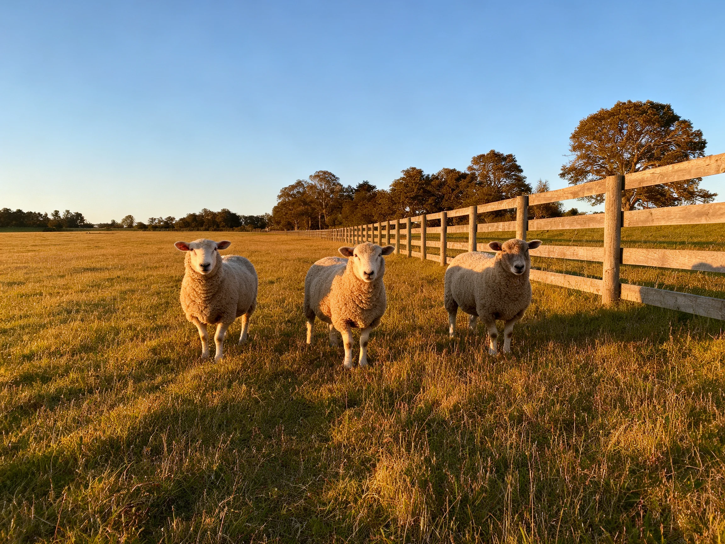 Three sheep in a sun-kissed grassy field beside a wooden fence
