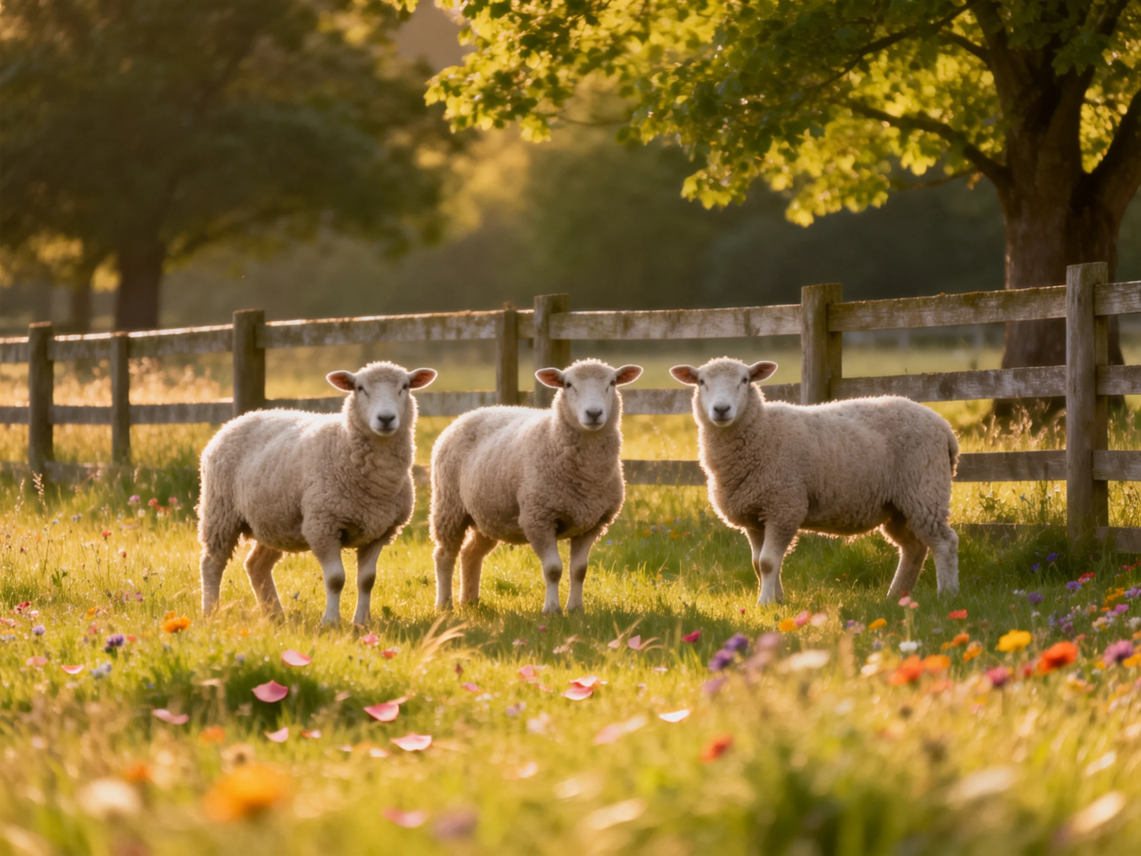 Three sheep in a sunlit flower-filled pasture with wooden fence