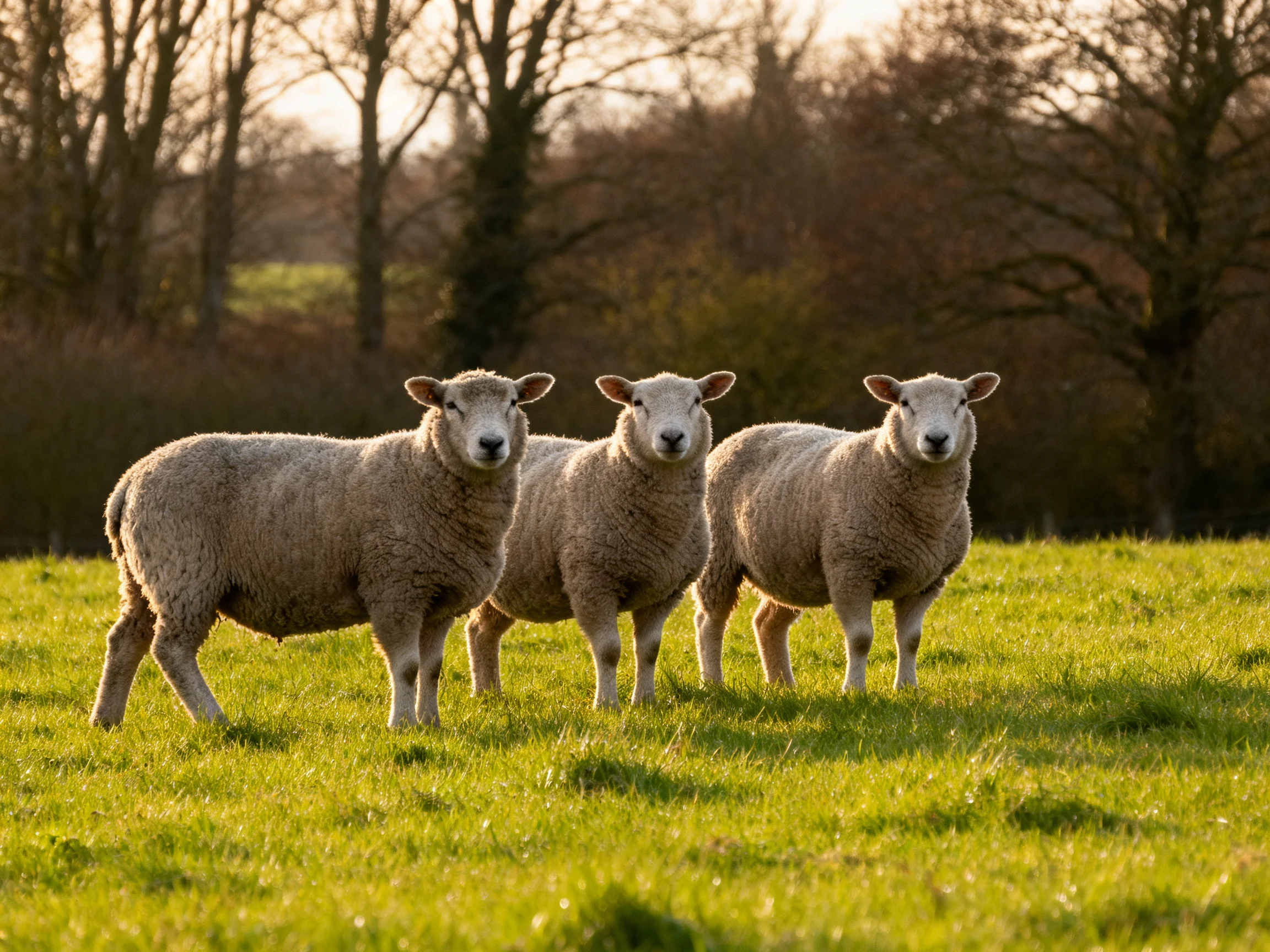 Three sheep in a sunlit green meadow near trees