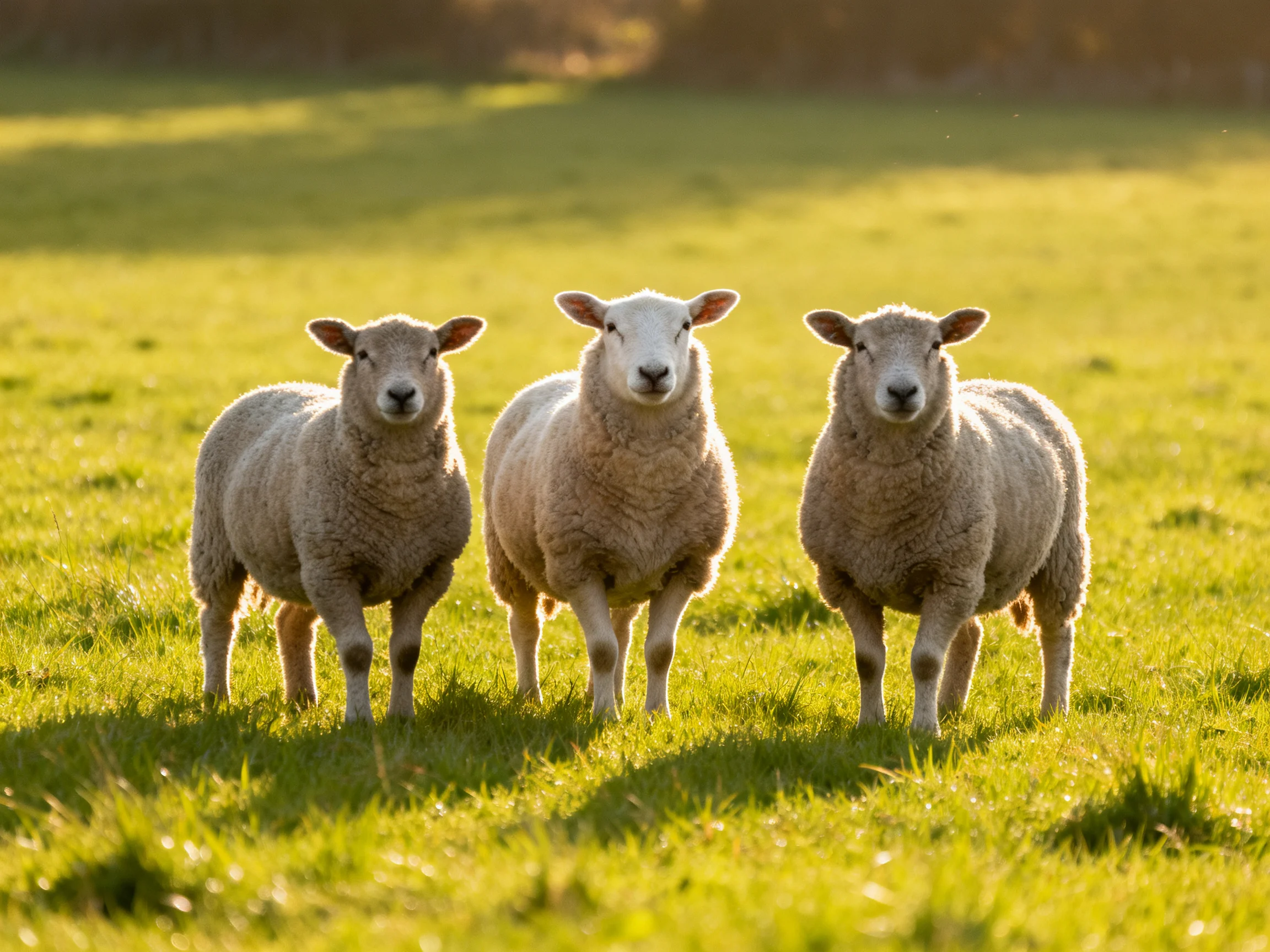 Three sheep in a sunlit green pasture