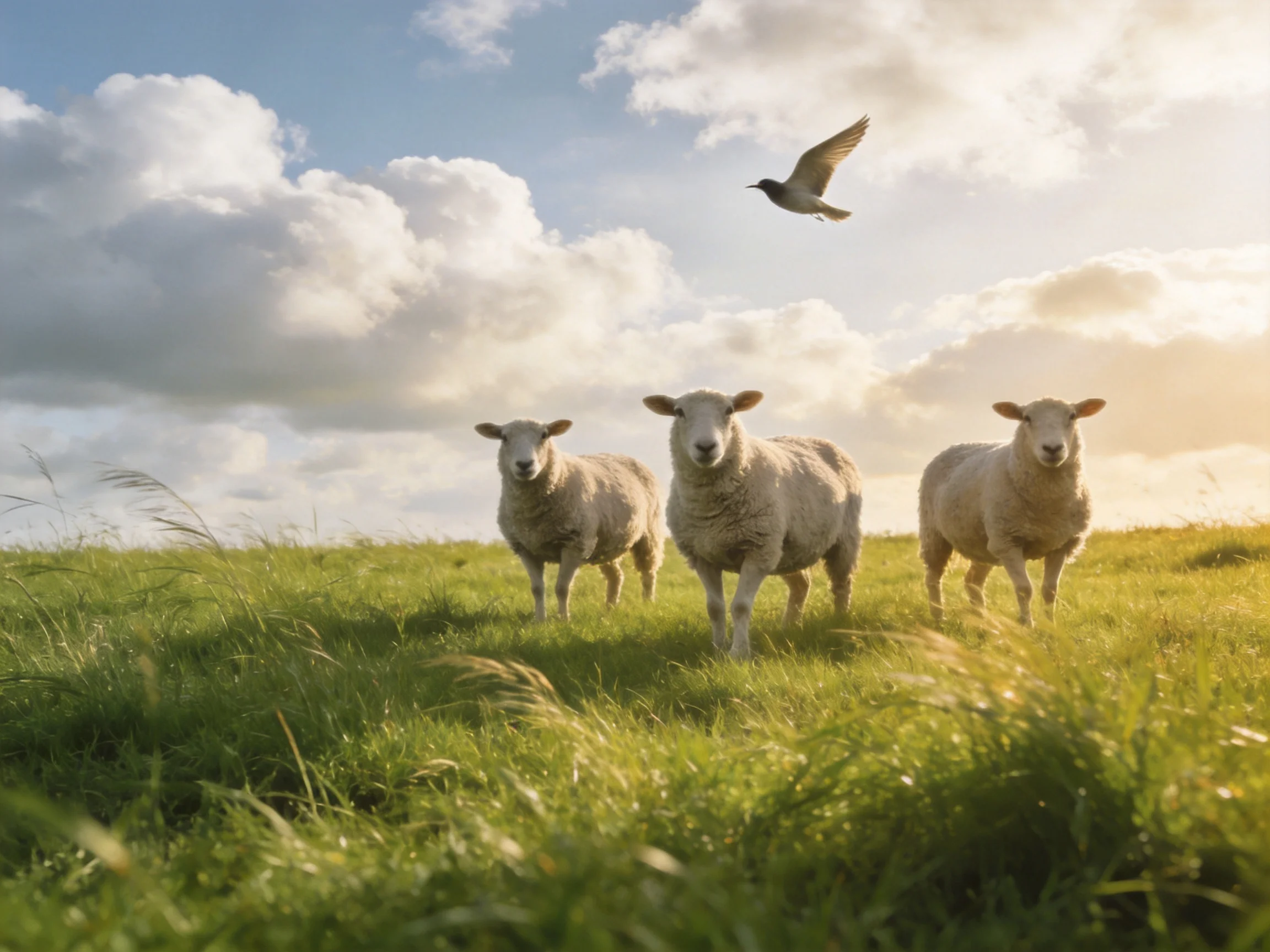 Three sheep in a sunlit meadow with a flying bird