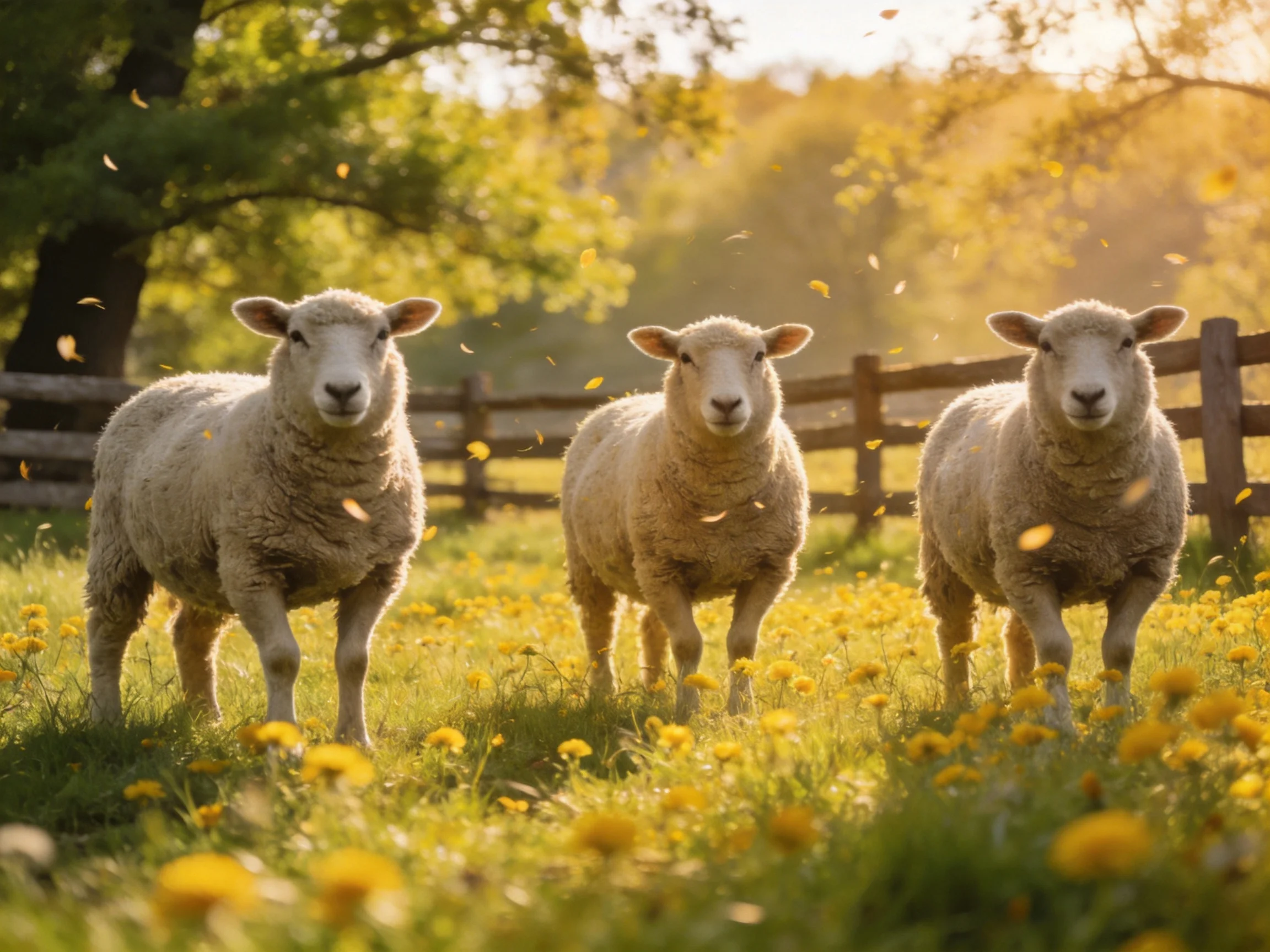 Three sheep stand in a sunlit meadow surrounded by yellow wildflowers.