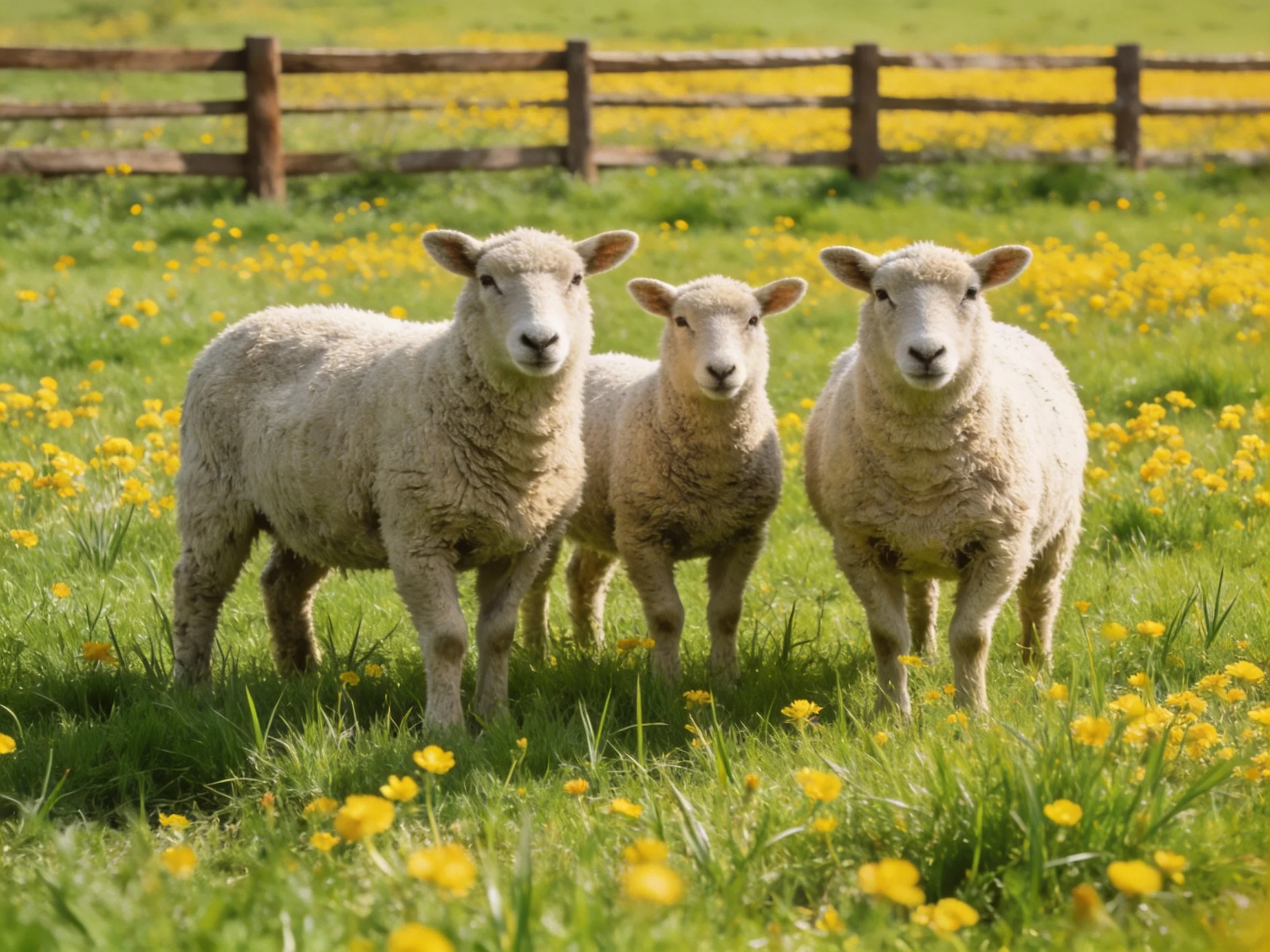 Three sheep in a vibrant meadow with yellow wildflowers and a wooden fence