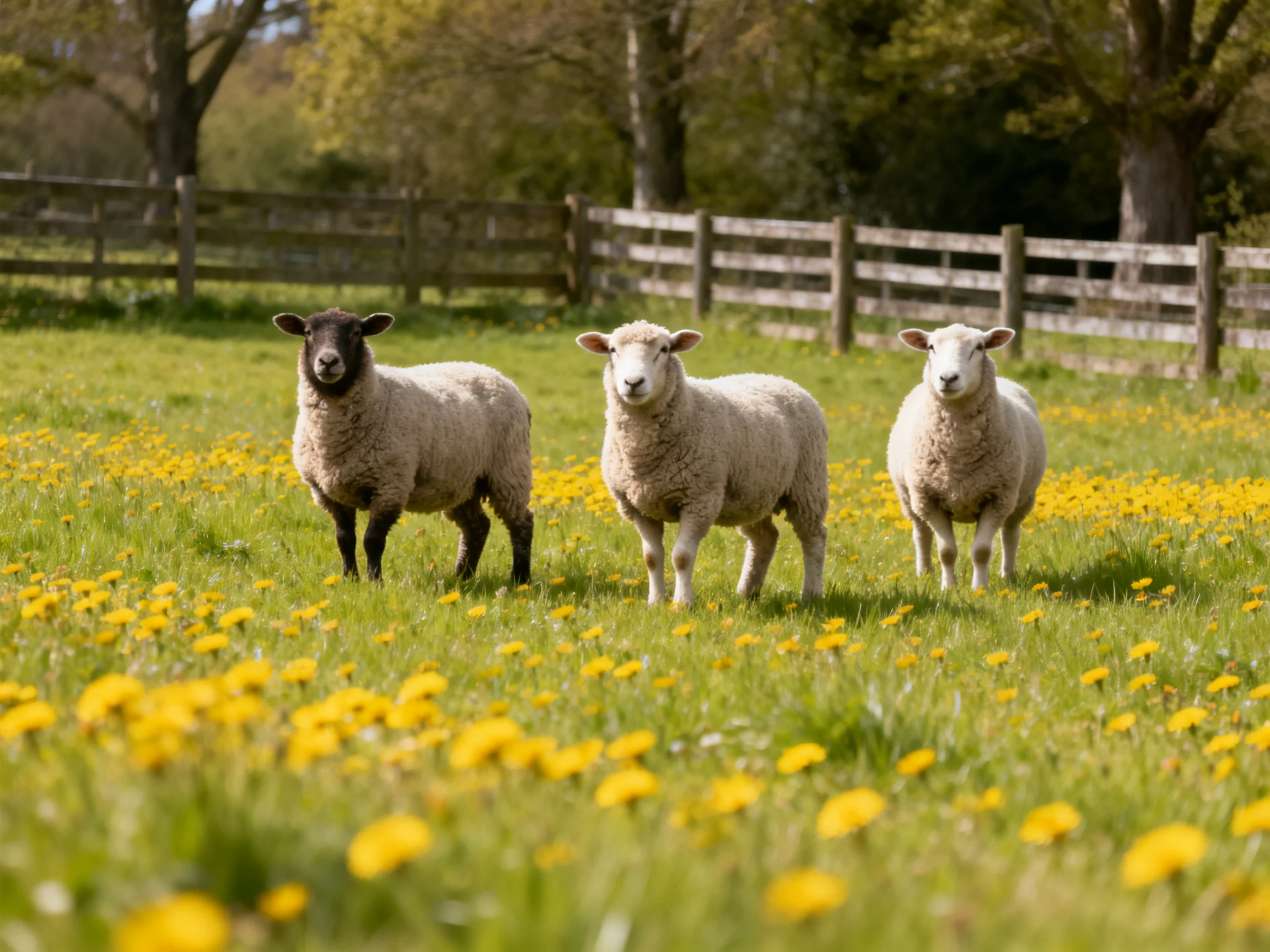 Three sheep in a yellow-flowered meadow with a wooden fence