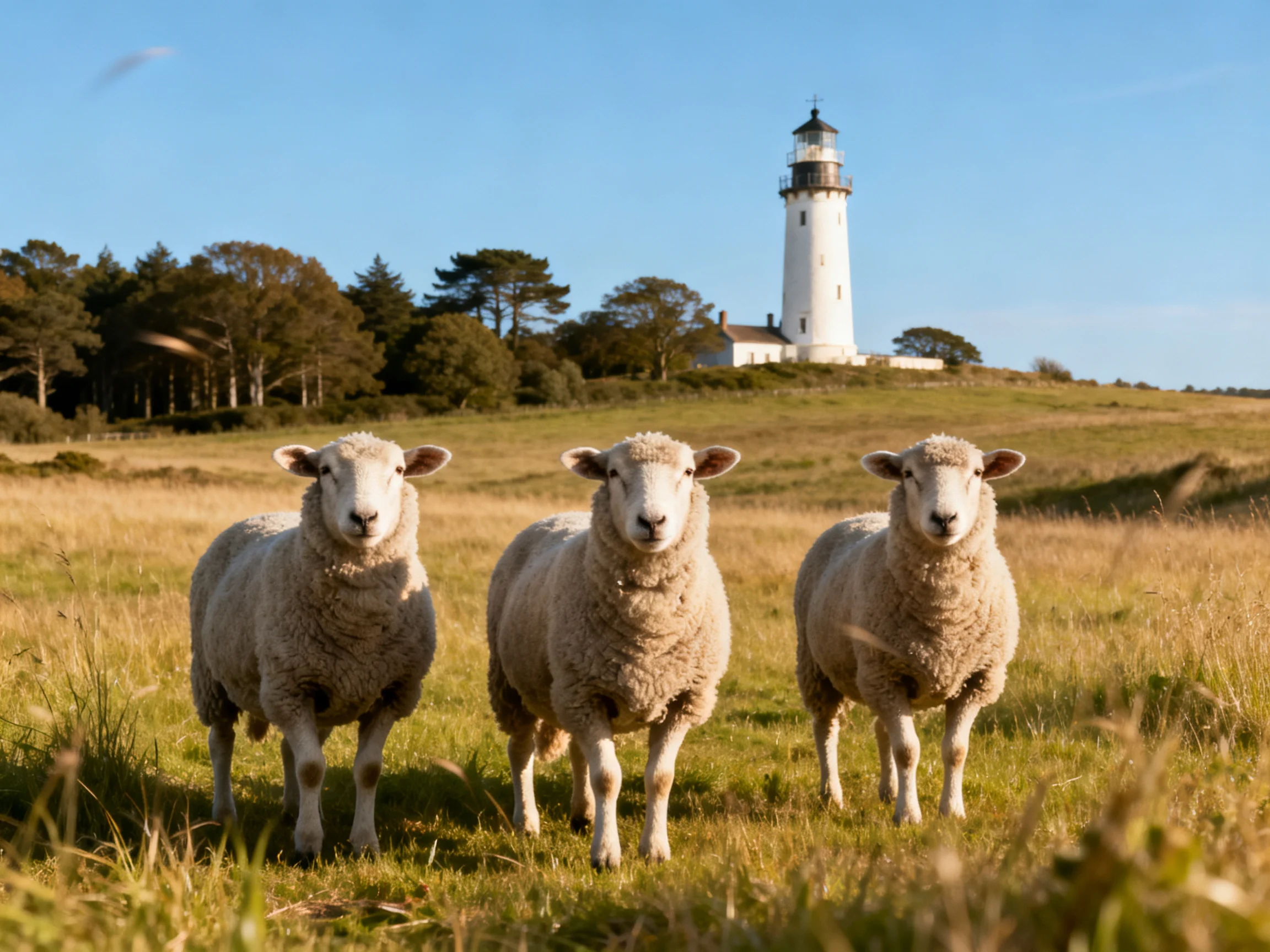 Three sheep in golden meadow by white lighthouse