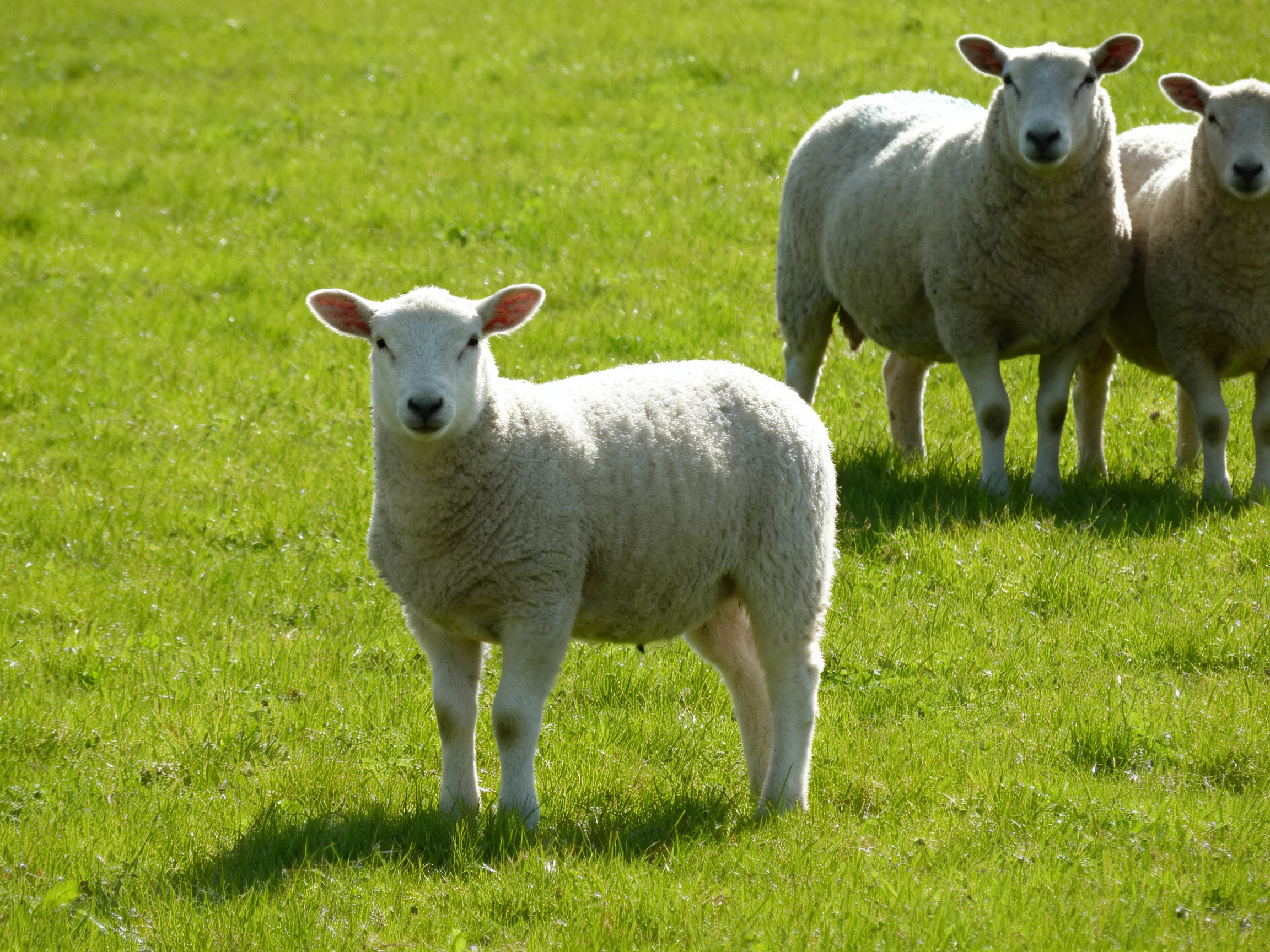 Three sheep, including a young lamb, in a sunlit green pasture