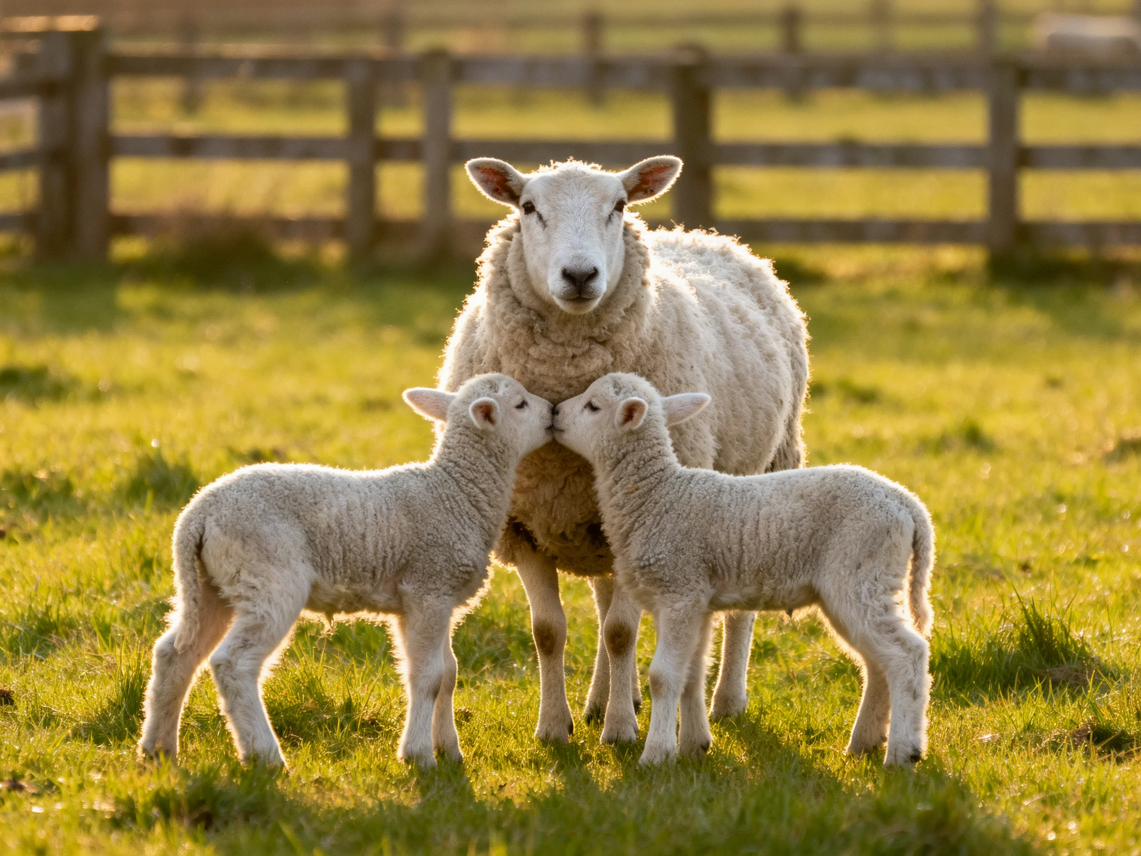 Three sheep—including one adult and two lambs—in a sunlit green pasture with wooden fencing.