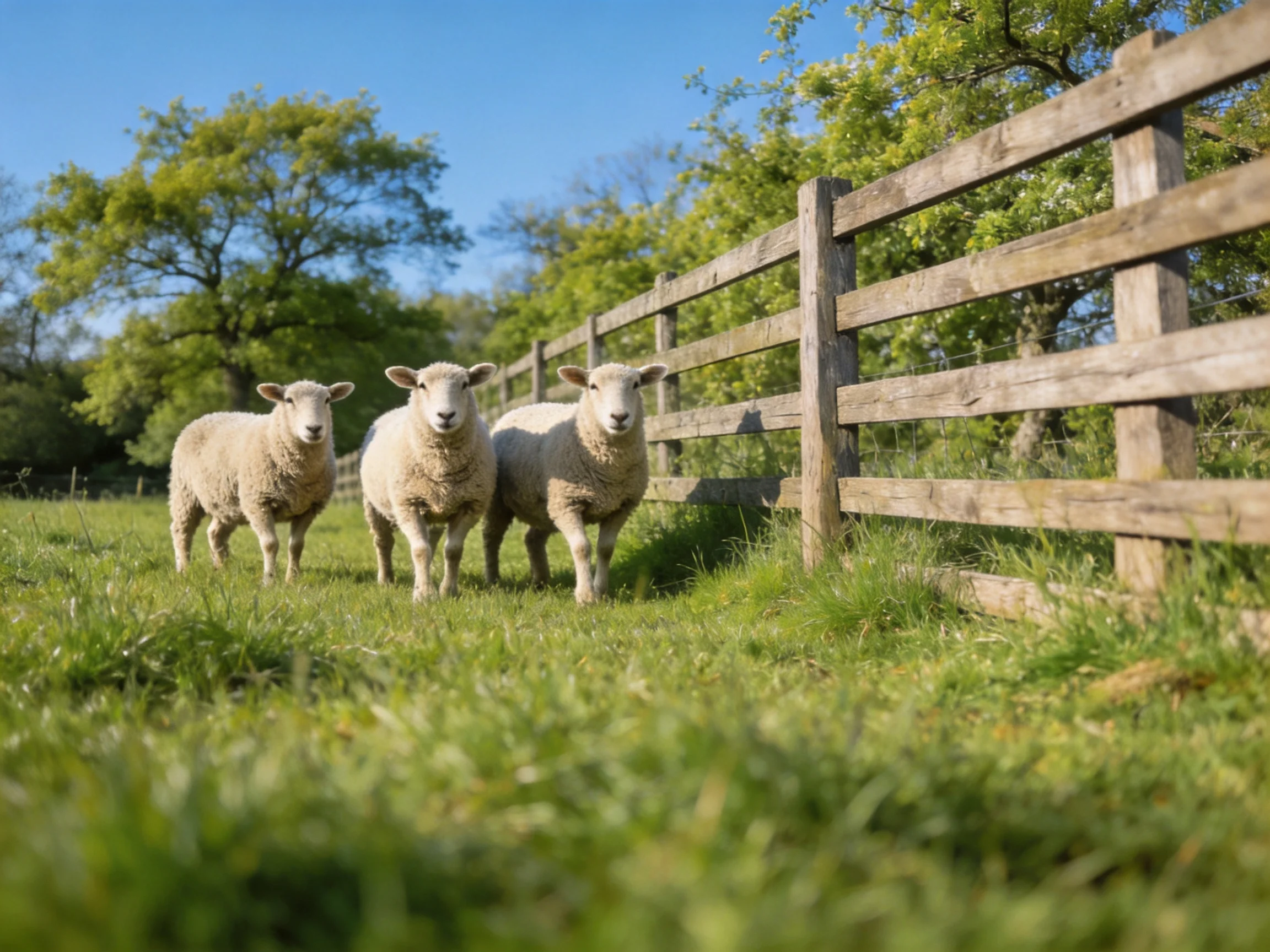Three sheep near a weathered wooden fence in a lush green field