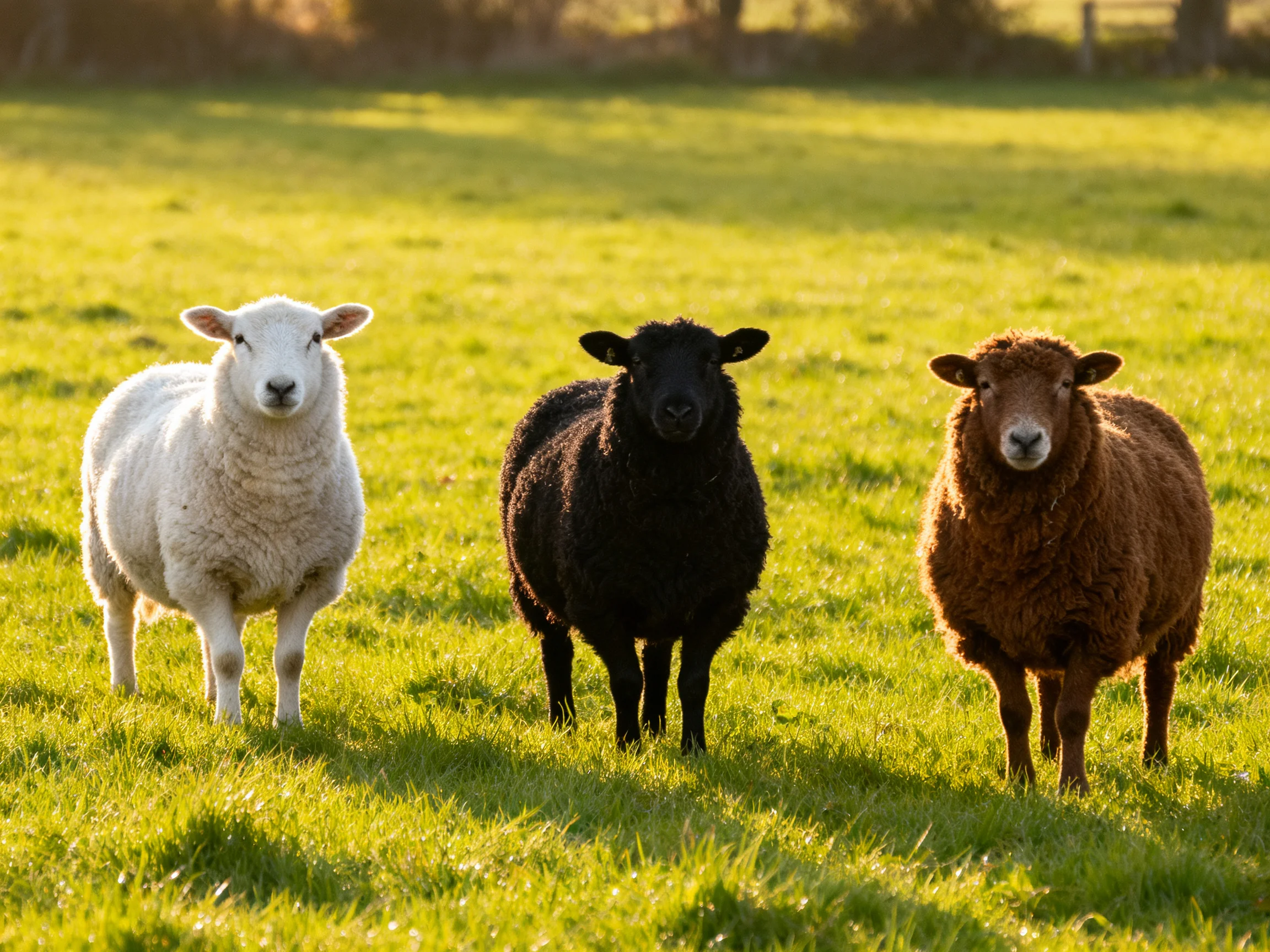 Three sheep of diverse colors in a sunlit pasture
