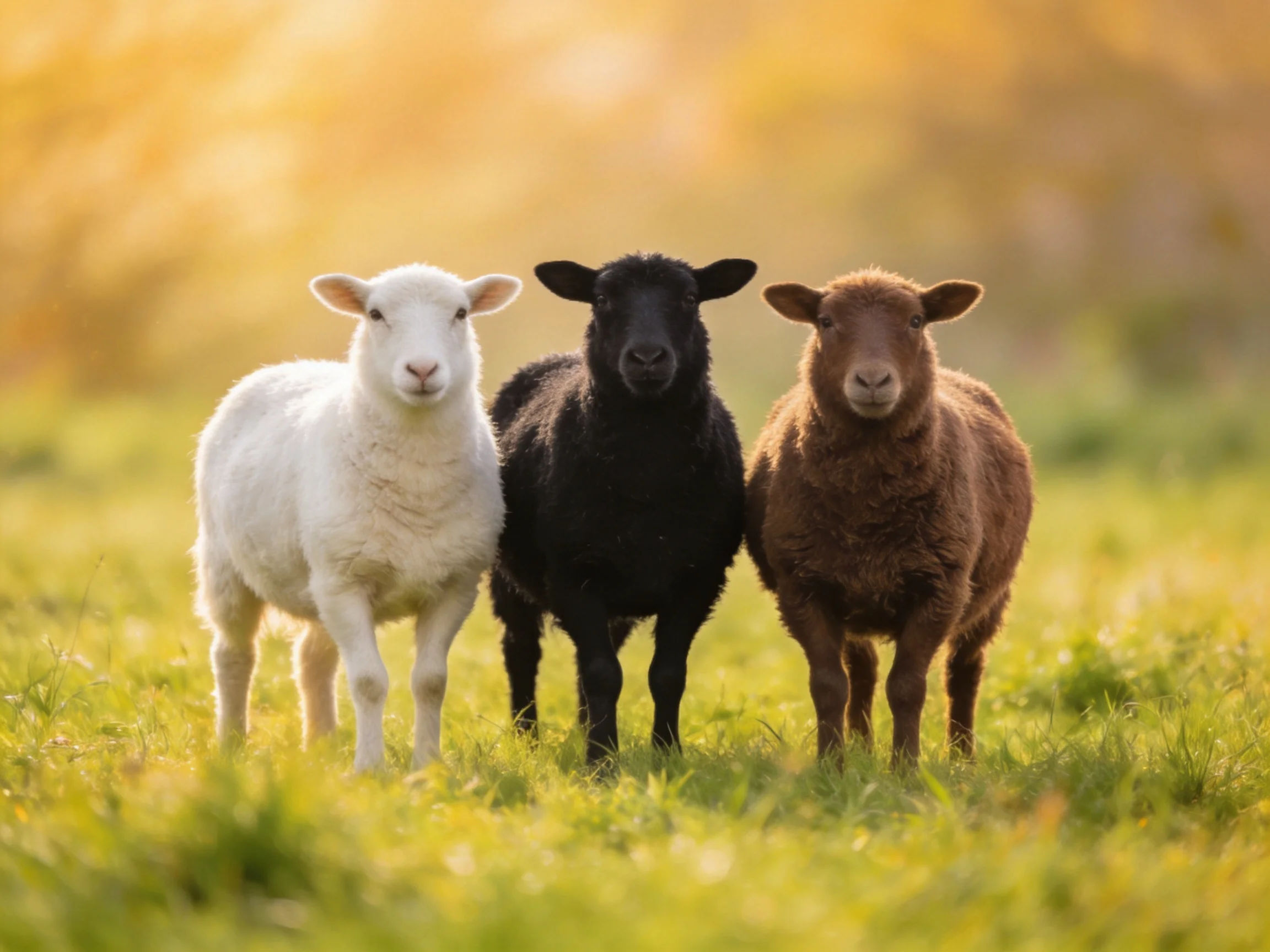 Three sheep of white, black, and brown stand in a sunlit meadow