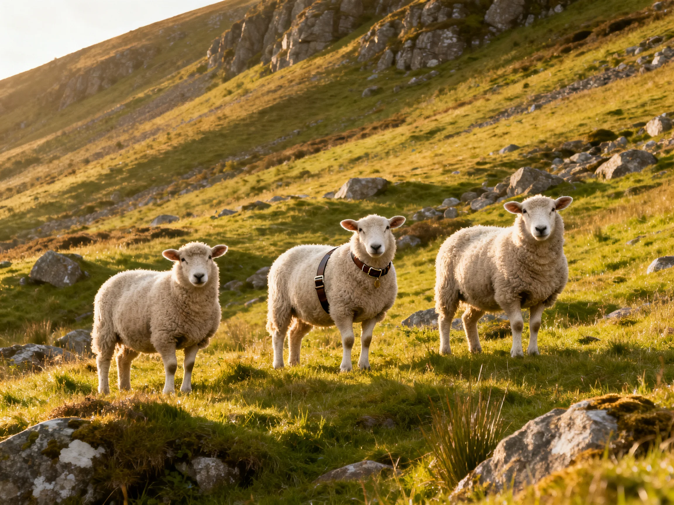 Three sheep on a sunlit rocky hillside with green pastures.