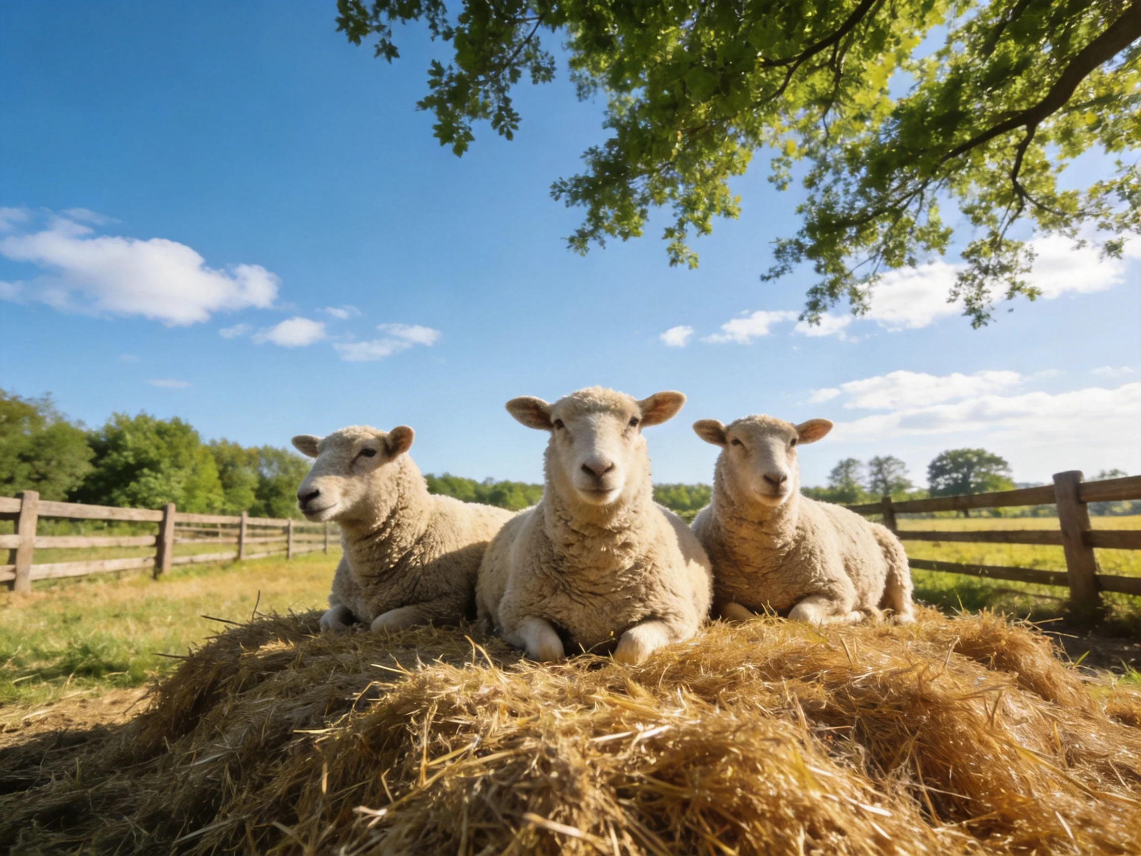 Three sheep rest on golden hay bale under bright sky
