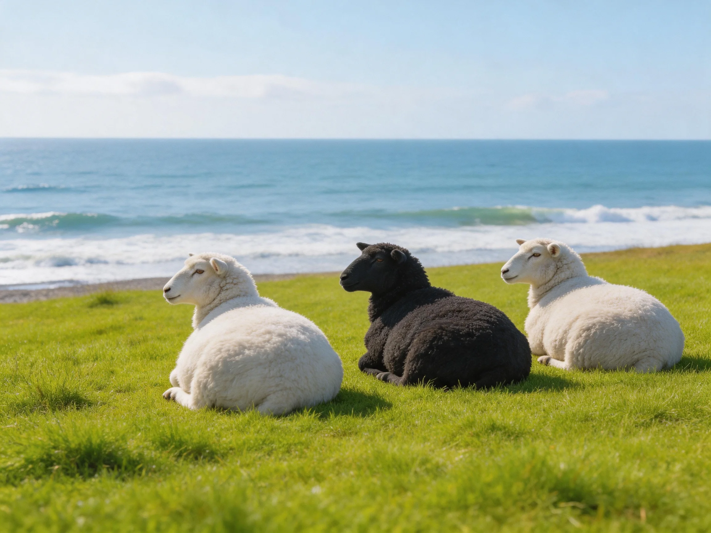 Three sheep rest on grass by a calm ocean shore