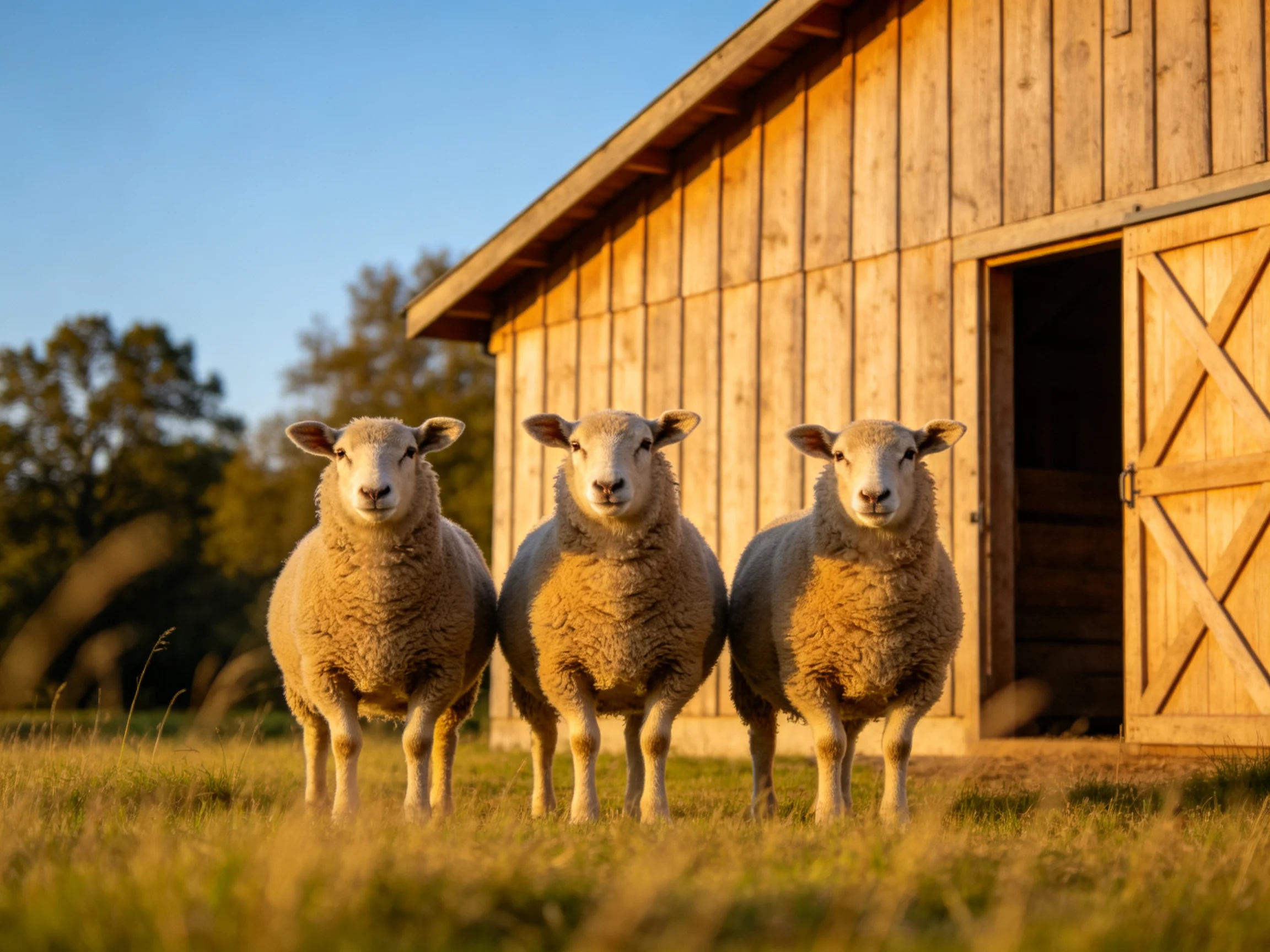 Three sheep stand before a wooden barn in golden light