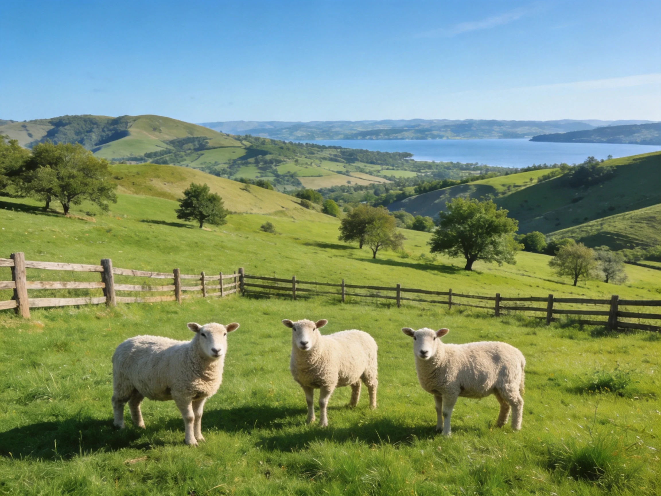 Three sheep stand in a verdant pasture with rolling hills and a distant lake