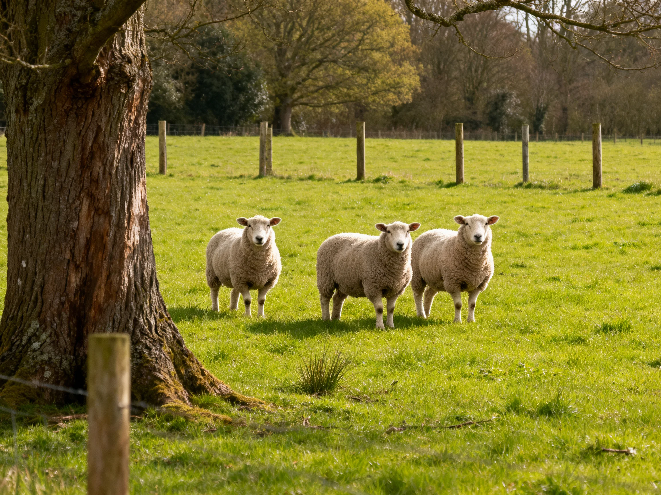 Three sheep stand near a large tree in a lush green pasture