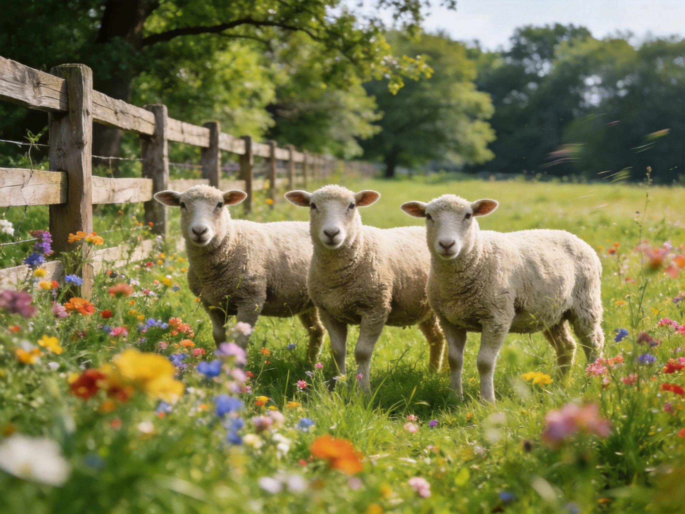 Three sheep stand near a wooden fence amid vibrant wildflowers