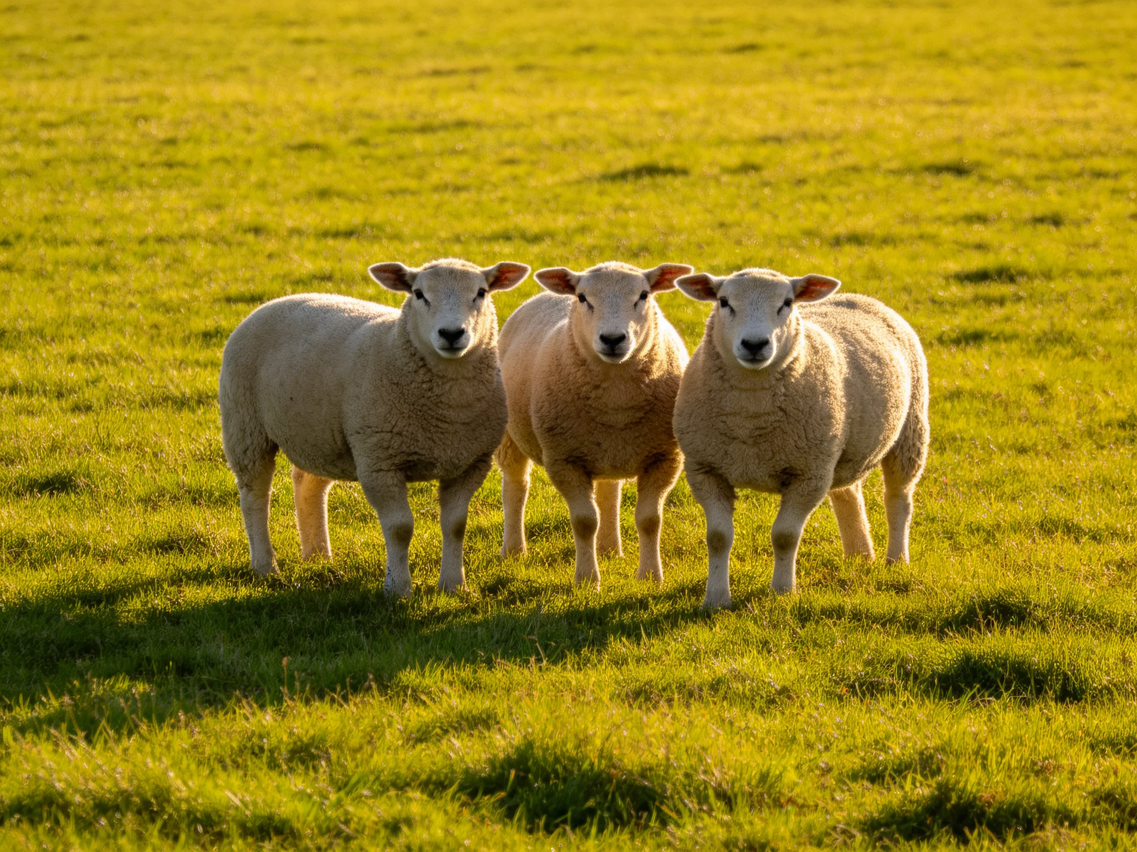 Three sheep stand together in a sunlit green pasture